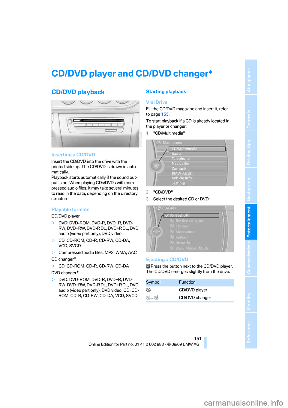 BMW Z4 ROADSTER SDRIVE30I 2010 E89 Owners Manual Navigation
Entertainment
Driving tips
 151Reference
At a glance
Controls
Communications
Mobility
CD/DVD player and CD/DVD changer
CD/DVD playback
Inserting a CD/DVD
Insert the CD/DVD into the drive wi