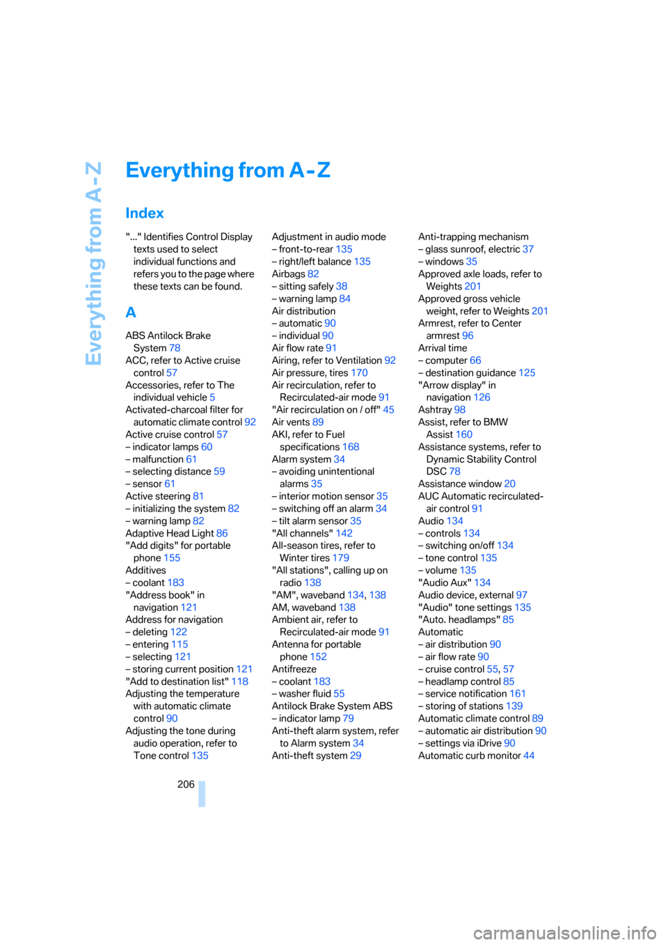 BMW 330I SEDAN 2005 E90 Owners Manual Everything from A - Z
206
Everything from A - Z
Index
"..." Identifies Control Display 
texts used to select 
individual functions and 
refers you to the page where 
these texts can be found.
A
ABS An