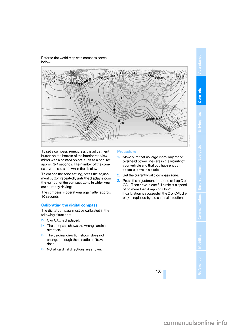 BMW 330XI SEDAN 2006 E90 Owners Manual Controls
 105Reference
At a glance
Driving tips
Communications
Navigation
Entertainment
Mobility
Refer to the world map with compass zones 
below.
To set a compass zone, press the adjustment 
button o