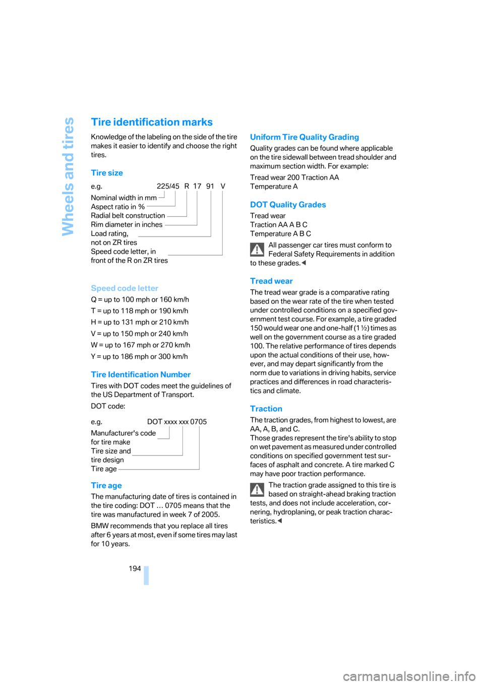 BMW 330XI SEDAN 2006 E90 Owners Manual Wheels and tires
194
Tire identification marks
Knowledge of the labeling on the side of the tire 
makes it easier to identify and choose the right 
tires.
Tire size
Speed code letter
Q = up to 100 mph