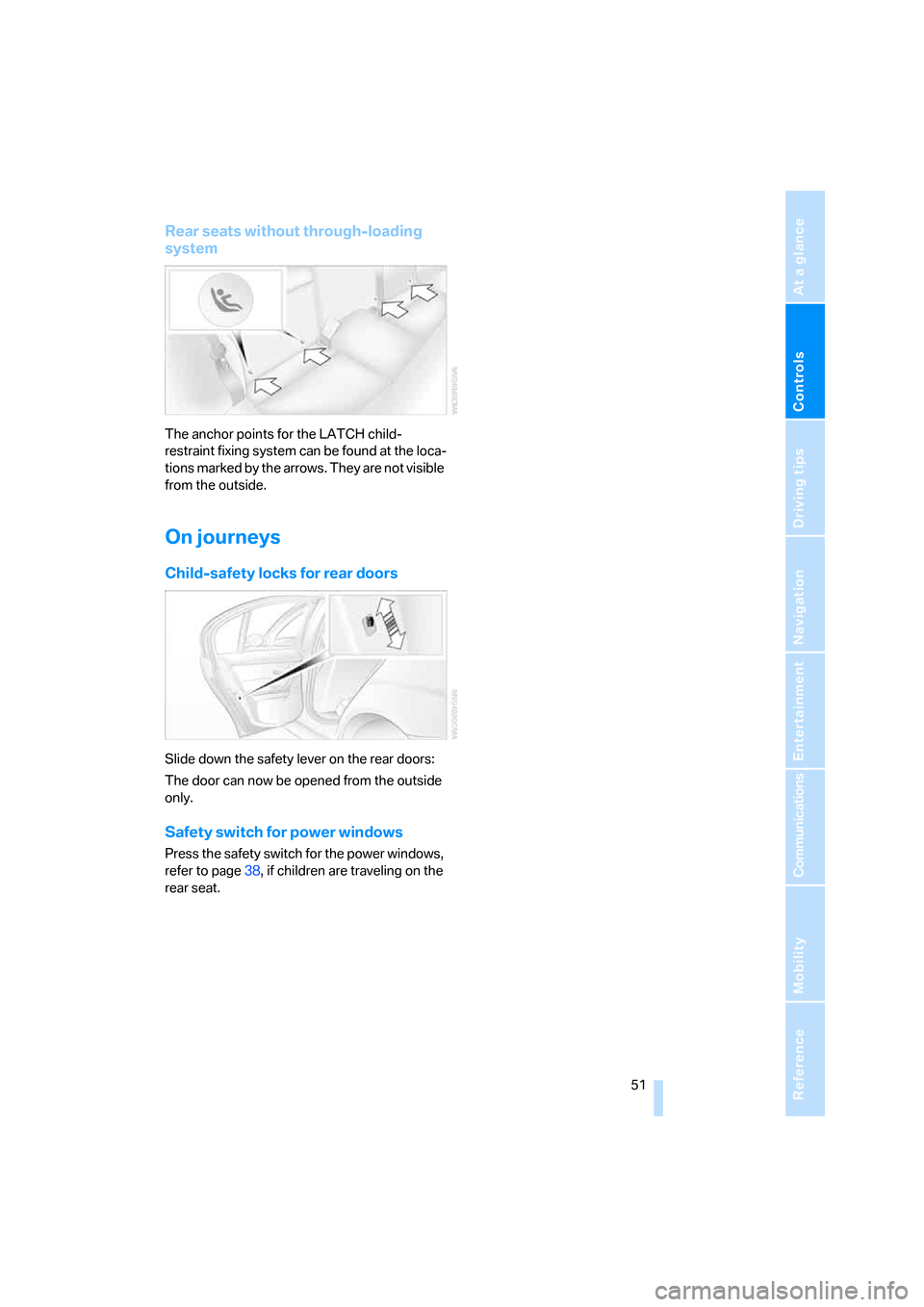 BMW 323I SEDAN 2006 E90 Owners Manual Controls
 51Reference
At a glance
Driving tips
Communications
Navigation
Entertainment
Mobility
Rear seats without through-loading 
system
The anchor points for the LATCH child-
restraint fixing syste