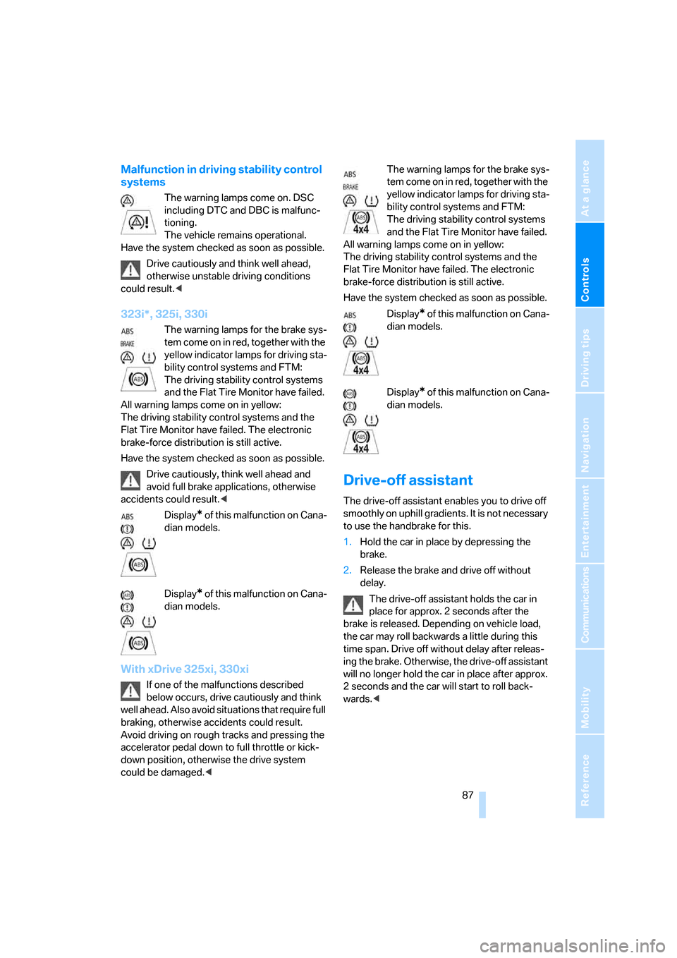 BMW 325XI SEDAN 2006 E90 Owners Manual Controls
 87Reference
At a glance
Driving tips
Communications
Navigation
Entertainment
Mobility
Malfunction in driving stability control 
systems
The warning lamps come on. DSC 
including DTC and DBC 