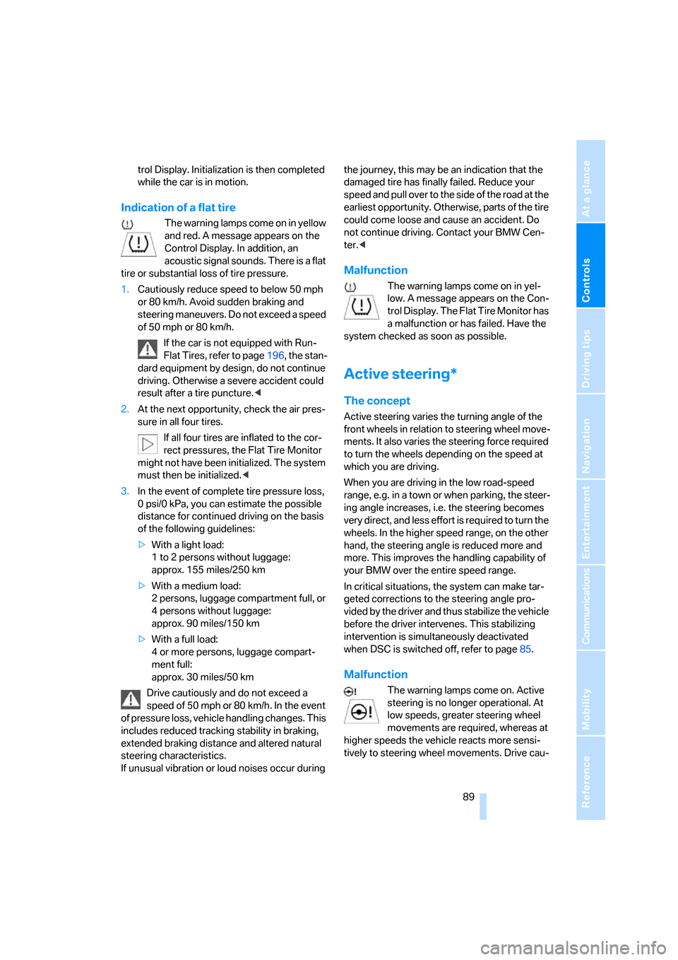 BMW 325I SEDAN 2006 E90 Owners Manual Controls
 89Reference
At a glance
Driving tips
Communications
Navigation
Entertainment
Mobility
trol Display. Initialization is then completed 
while the car is in motion.
Indication of a flat tire
Th