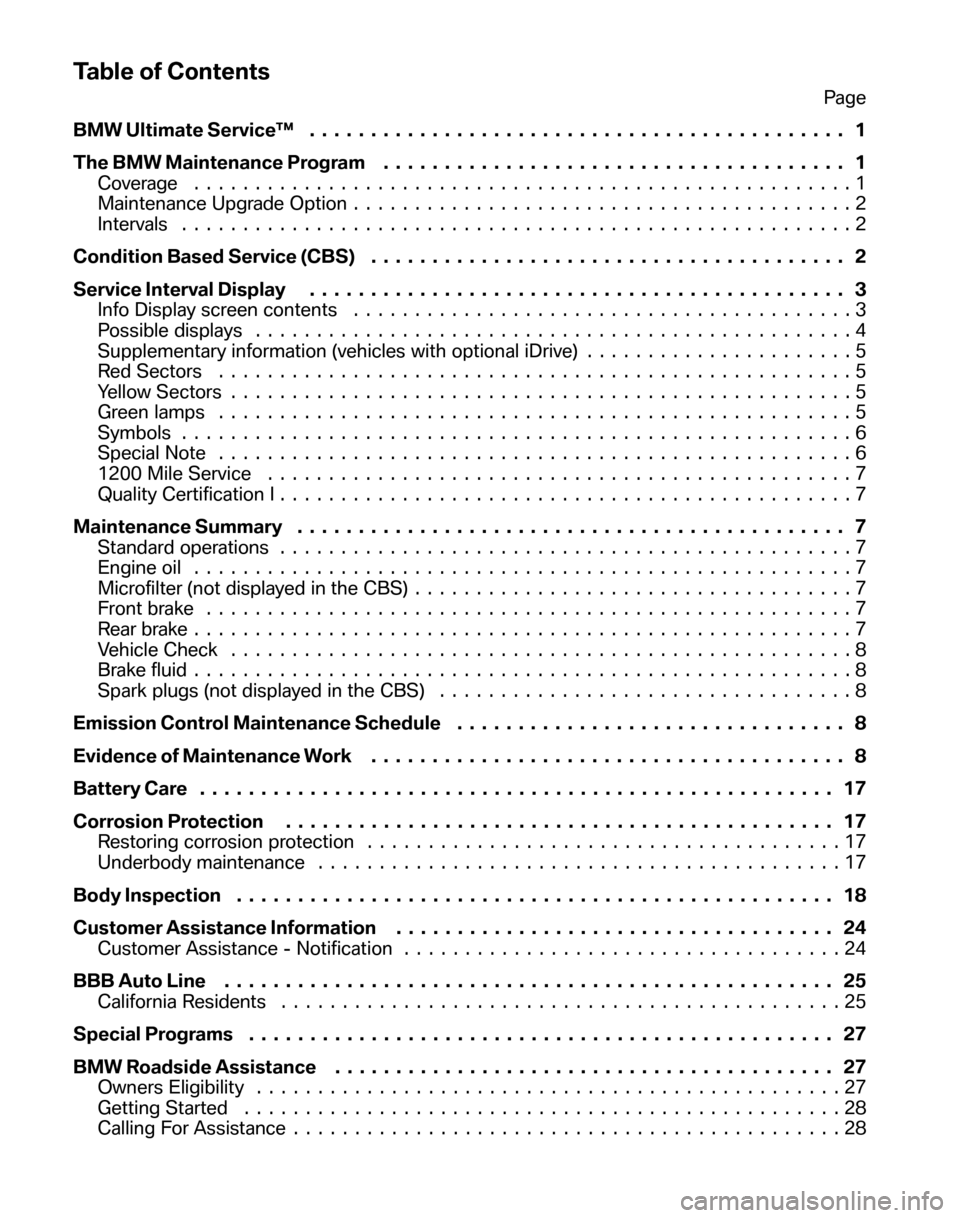 BMW M3 SEDAN 2008 E90 Service and warranty information Table of Contents
Page 
BMW Ultimate Service™  ............................................ 1 
The BMW Maintenance Program  ...................................... 1 
Coverage .......................