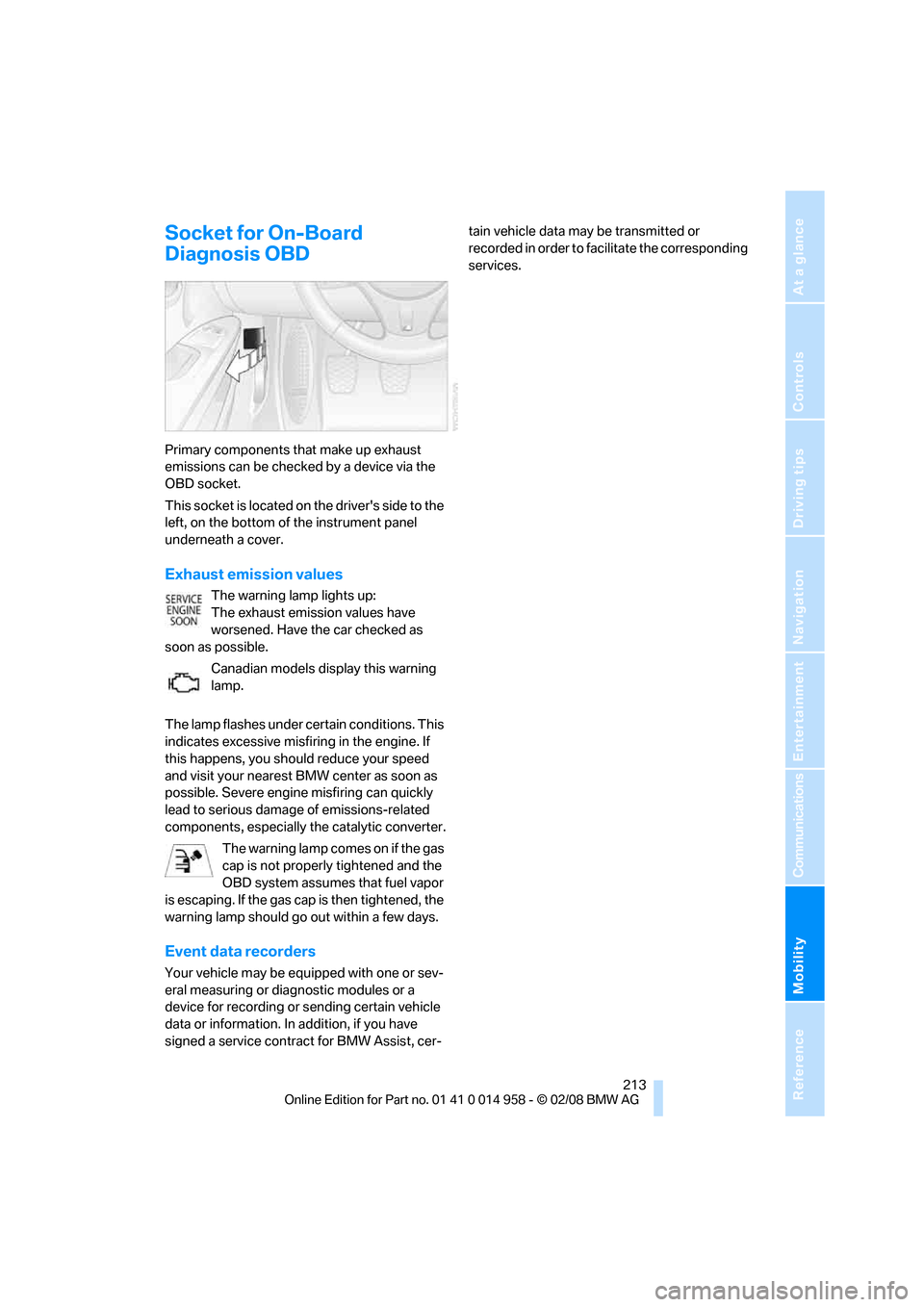BMW M3 SEDAN 2008 E90 Owners Manual Mobility
 213Reference
At a glance
Controls
Driving tips
Communications
Navigation
Entertainment
Socket for On-Board 
Diagnosis OBD
Primary components that make up exhaust 
emissions can be checked by