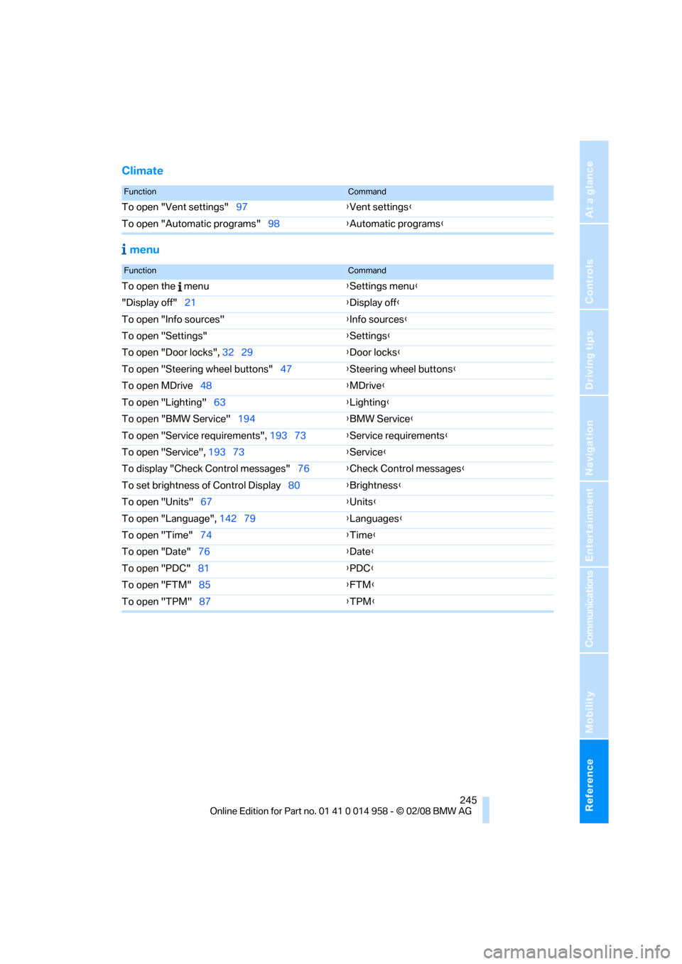 BMW M3 SEDAN 2008 E90 Owners Guide Reference 245
At a glance
Controls
Driving tips
Communications
Navigation
Entertainment
Mobility
Climate
 menu
FunctionCommand
To open "Vent settings"97{Vent settings}
To open "Automatic programs"98{A