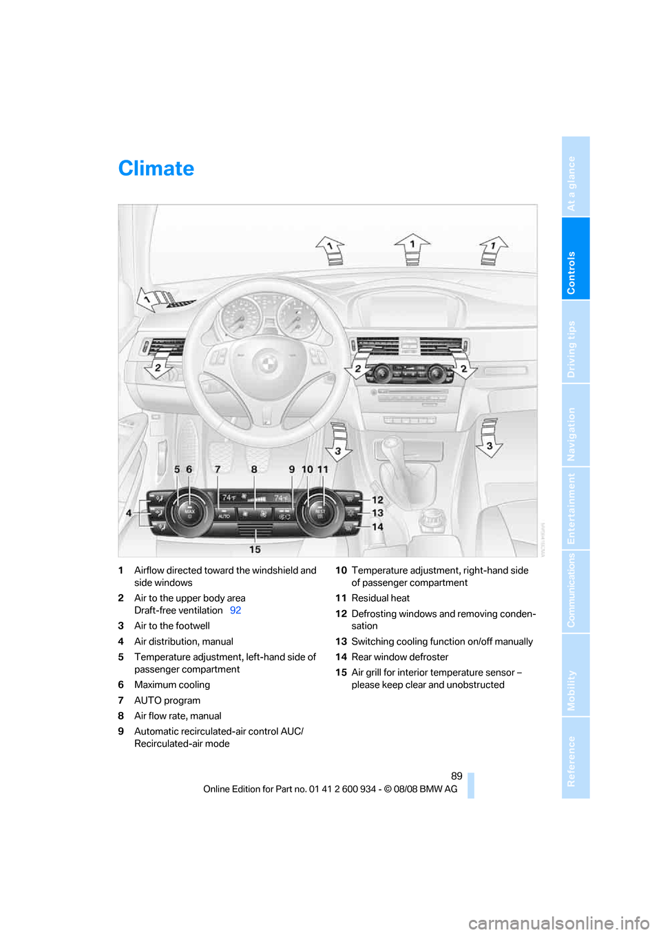 BMW M3 SEDAN 2009 E90 Owners Manual Controls
 89Reference
At a glance
Driving tips
Communications
Navigation
Entertainment
Mobility
Climate
1Airflow directed toward the windshield and 
side windows
2Air to the upper body area 
Draft-fre
