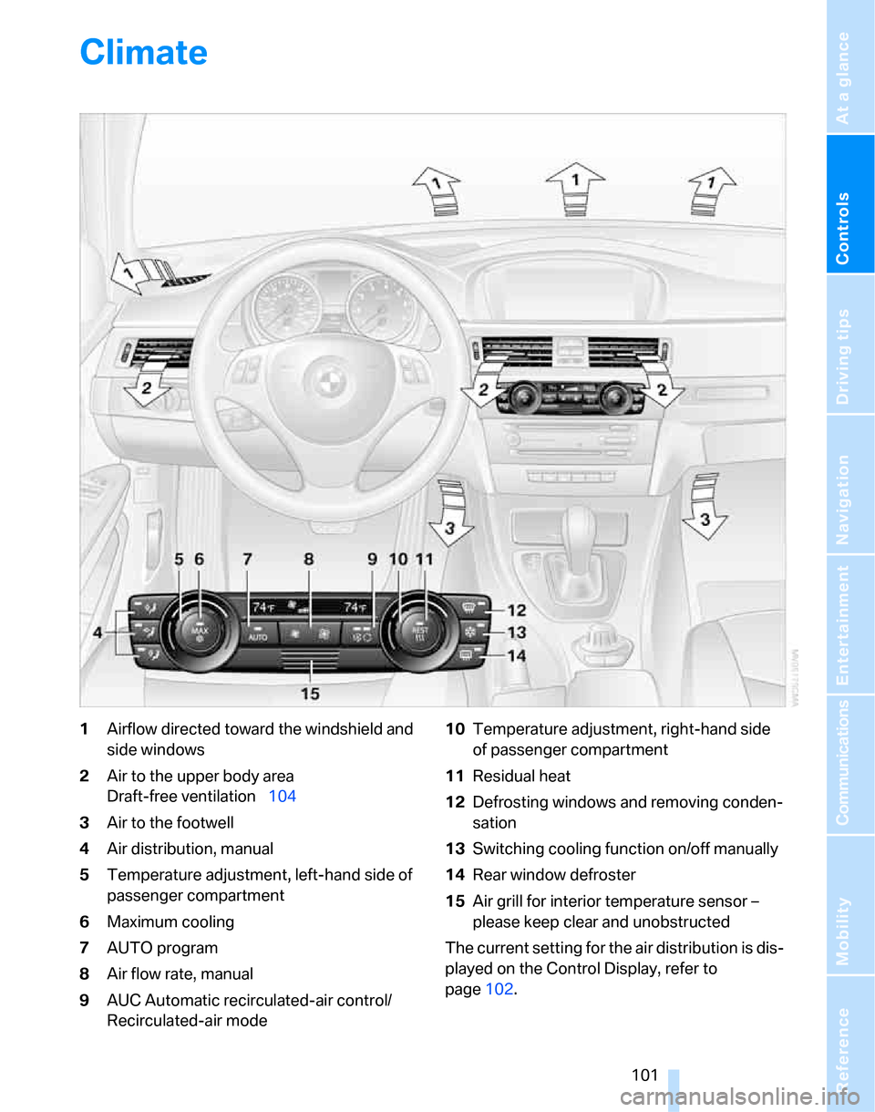 BMW 323I SEDAN 2007 E90 Owners Manual Controls
101Reference
At a glance
Driving tips
Communications
Navigation
Entertainment
Mobility
Climate
1Airflow directed toward the windshield and
side windows
2Air to the upper body area
Draft-fr BMW 323I SEDAN 2007 E90 Owners Manual Controls
101Reference
At a glance
Driving tips
Communications
Navigation
Entertainment
Mobility
Climate
1Airflow directed toward the windshield and
side windows
2Air to the upper body area
Draft-fr