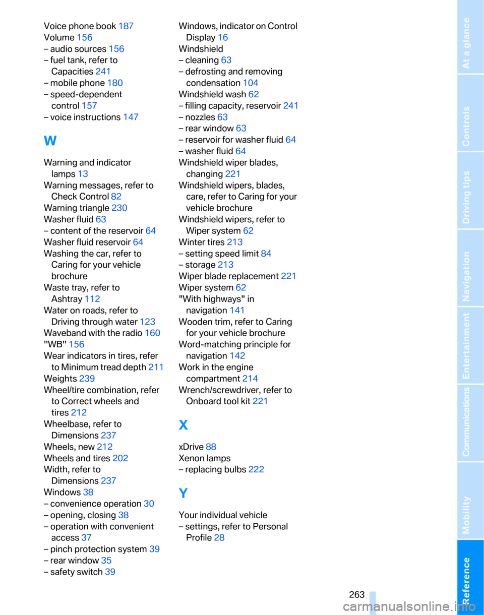 BMW 323I SEDAN 2007 E90 Repair Manual Reference 263
At a glance
Controls
Driving tips
Communications
Navigation
Entertainment
Mobility
Voice phone book187
Volume156
– audio sources156
– fuel tank, refer to 
Capacities241
– mobile ph