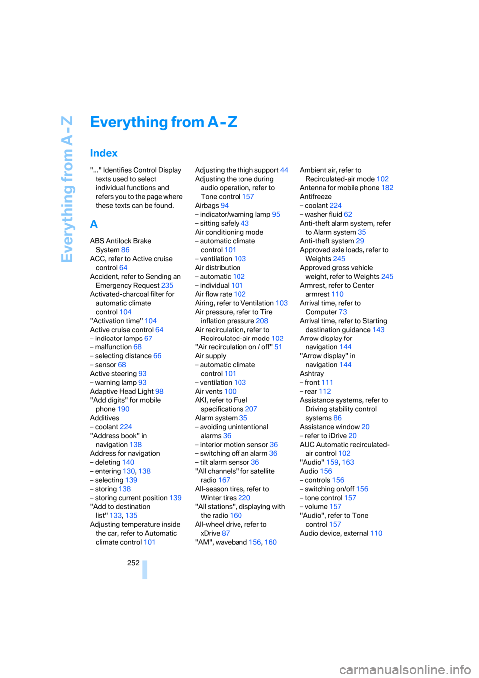 BMW 328I SEDAN 2008 E90 Owners Manual Everything from A - Z
252
Everything from A - Z
Index
"..." Identifies Control Display 
texts used to select 
individual functions and 
refers you to the page where 
these texts can be found.
A
ABS An