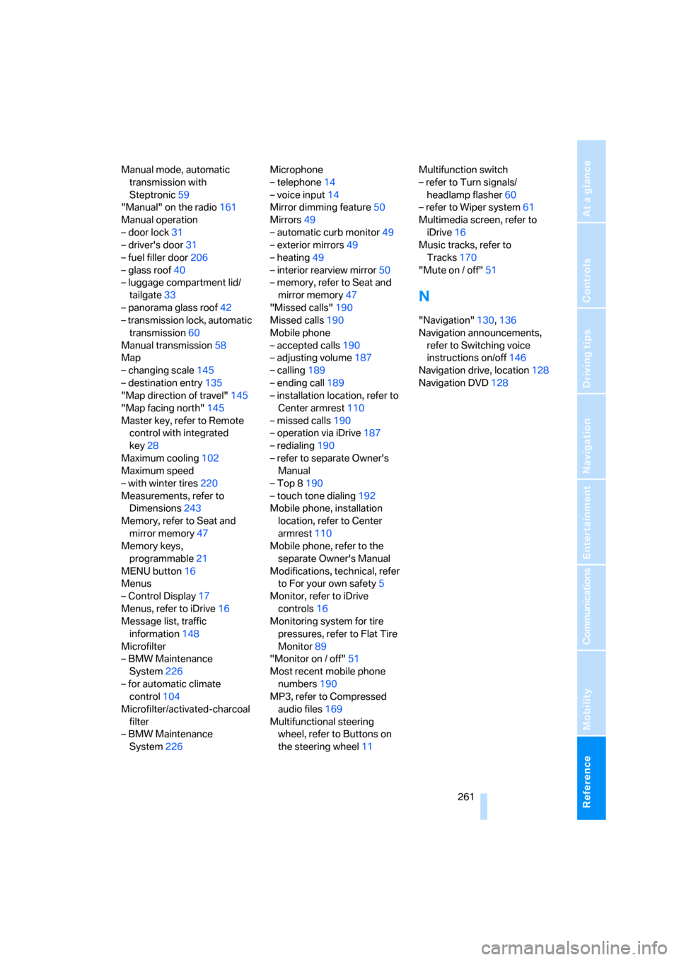 BMW 328I SEDAN 2008 E90 Owners Manual Reference 261
At a glance
Controls
Driving tips
Communications
Navigation
Entertainment
Mobility
Manual mode, automatic 
transmission with 
Steptronic59
"Manual" on the radio161
Manual operation
– d