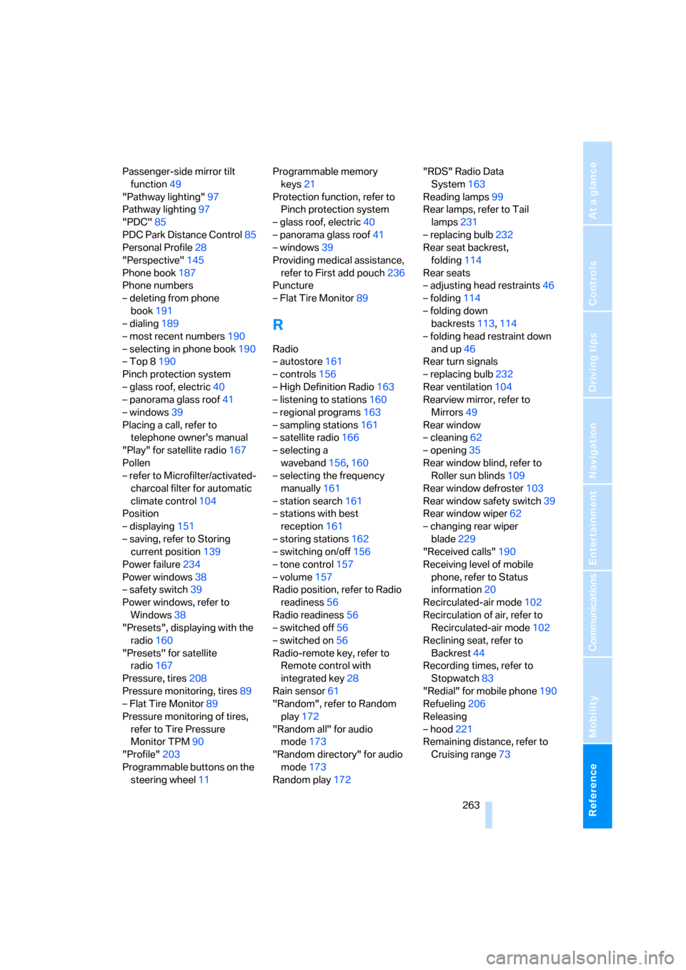 BMW 328I SEDAN 2008 E90 Owners Manual Reference 263
At a glance
Controls
Driving tips
Communications
Navigation
Entertainment
Mobility
Passenger-side mirror tilt 
function49
"Pathway lighting"97
Pathway lighting97
"PDC"85
PDC Park Distanc