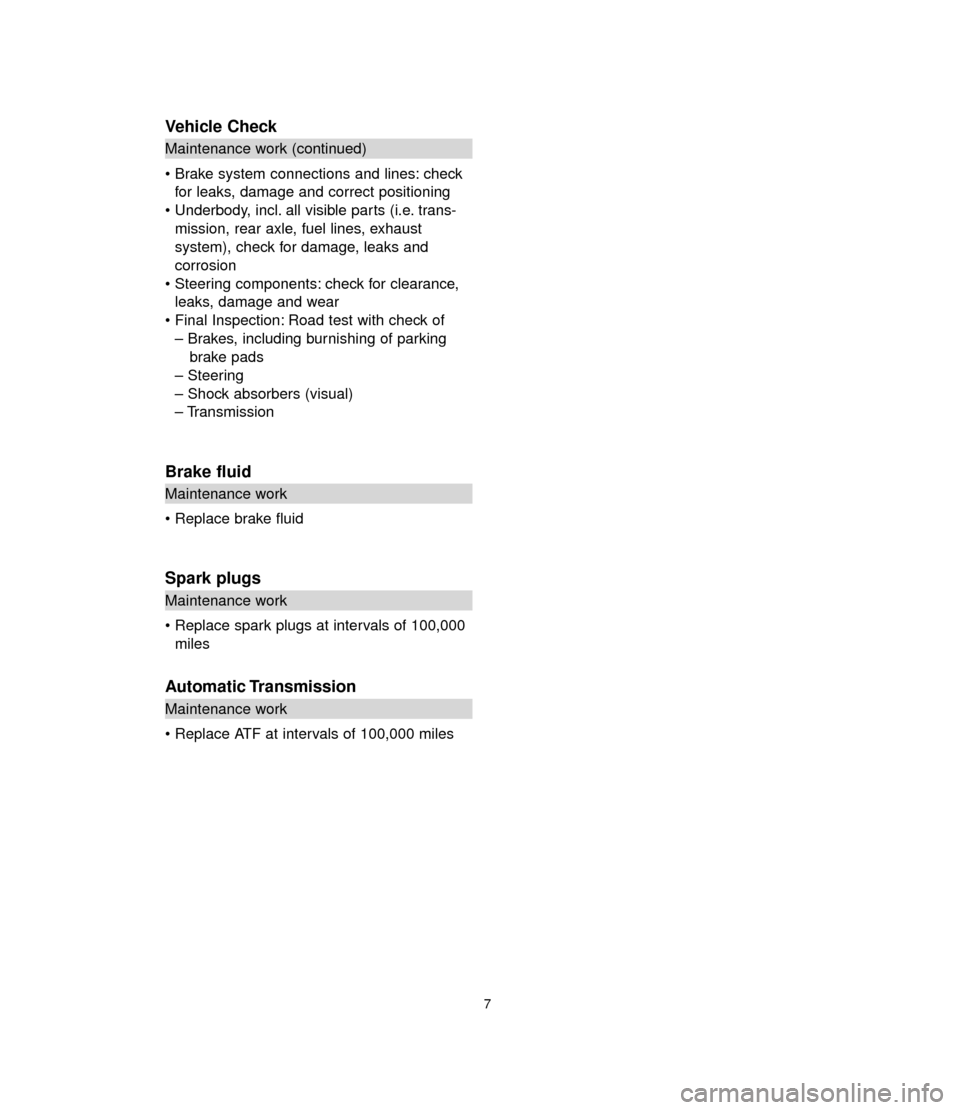 BMW 3 SERIES 2006 E90 Service and warranty information Vehicle Check
Maintenance work (continued)
• Brake system connections and lines: check
for leaks, damage and correct positioning
• Underbody, incl. all visible parts (i.e. trans-
mission, rear axl