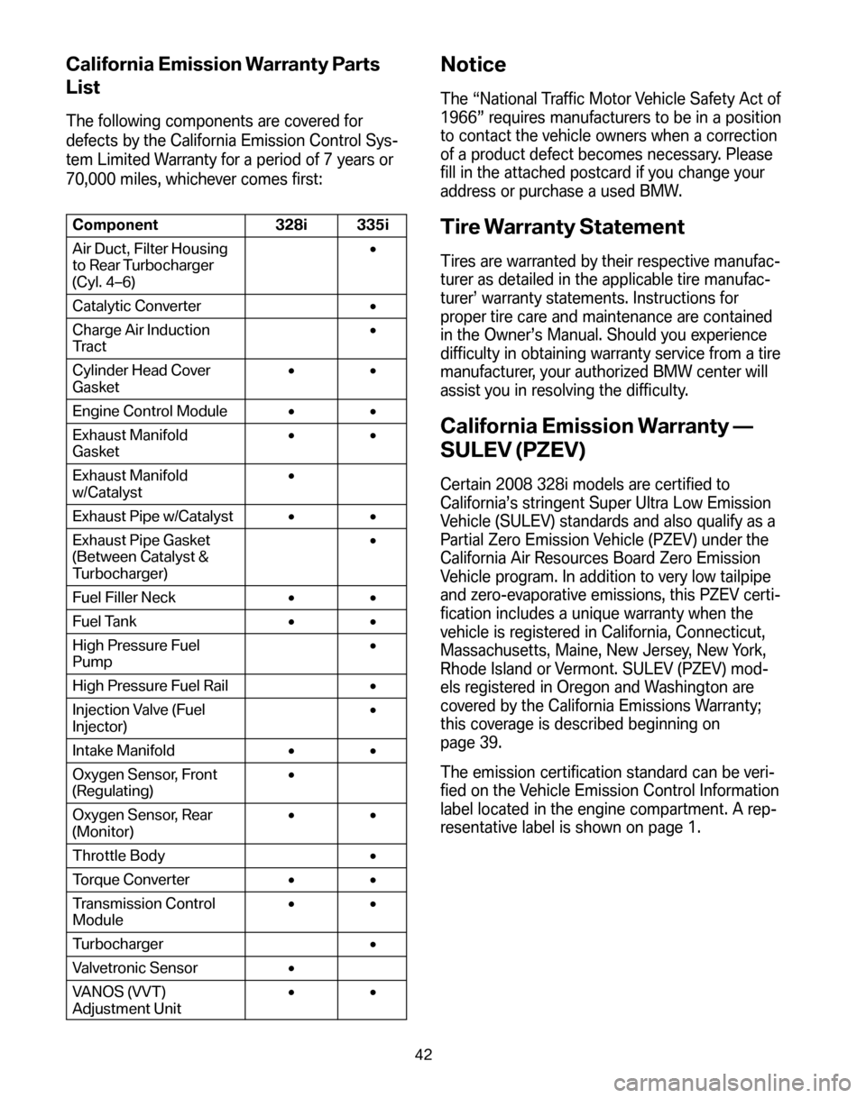 BMW 3 SERIES 2008 E90 Service and warranty information California Emission Warranty Parts 
List
The following components are covered for 
defects by the California Emission Control Sys-
tem Limited Warranty for a period of 7 years or
70,000 miles, whichev