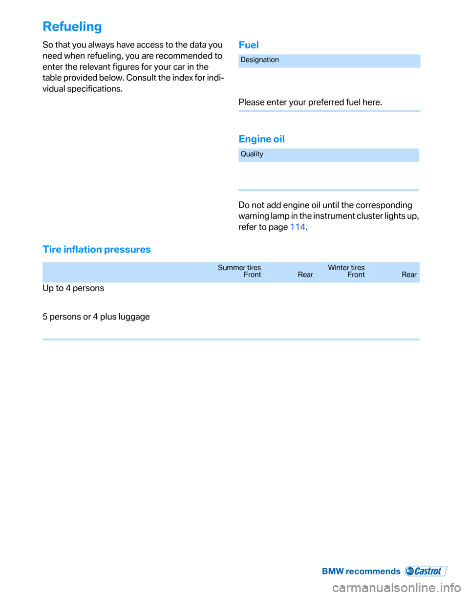 BMW 325XI TOURING 2006 E91 Owners Manual Refueling
So that you always have access to the data you 
need when refueling, you are recommended to 
enter the relevant figures for your car in the 
table provided below. Consult the index for indi-