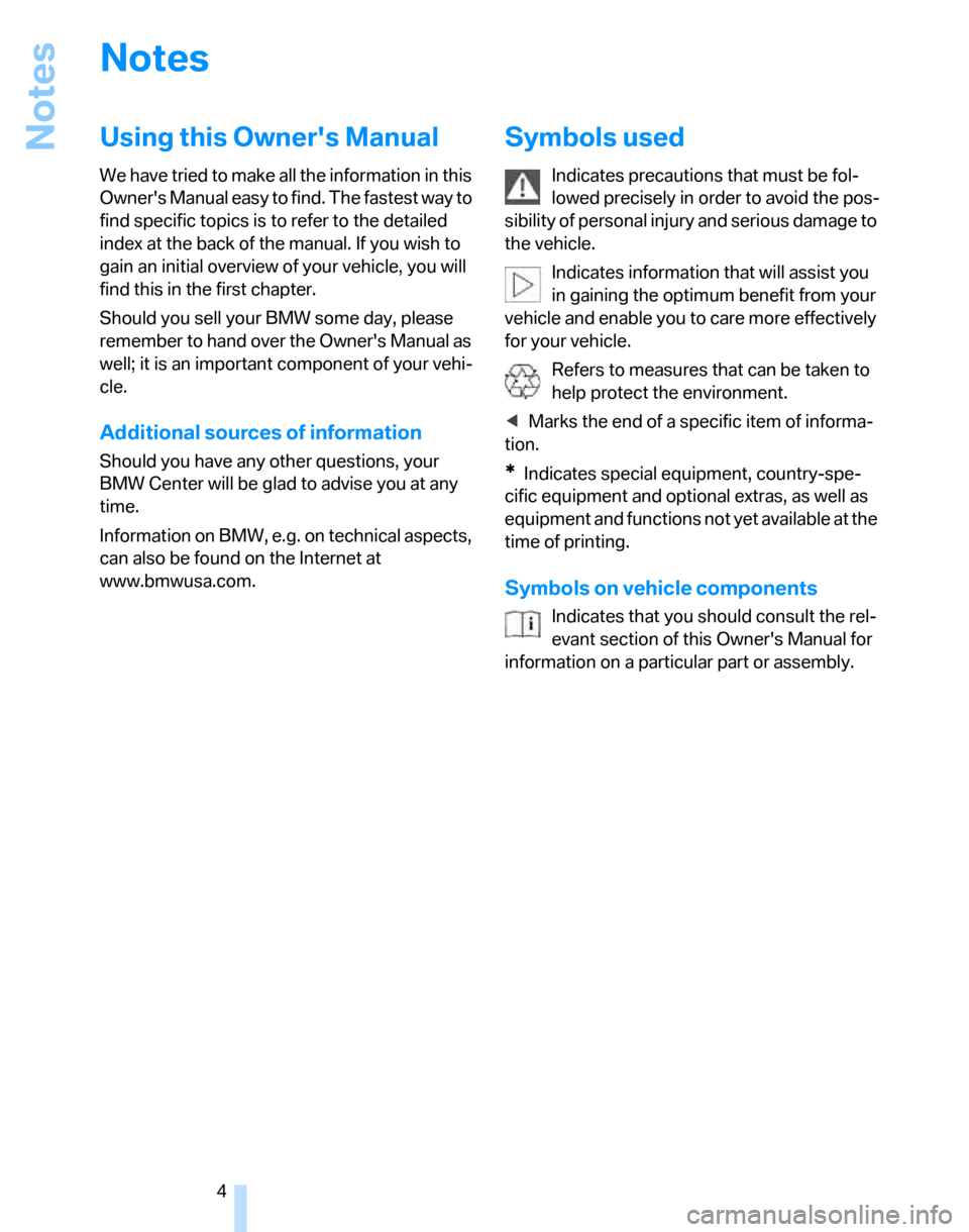 BMW 325XI TOURING 2006 E91 Owners Manual Notes
4
Notes
Using this Owners Manual
We have tried to make all the information in this 
Owners Manual easy to find. The fastest way to 
find specific topics is to refer to the detailed 
index at t