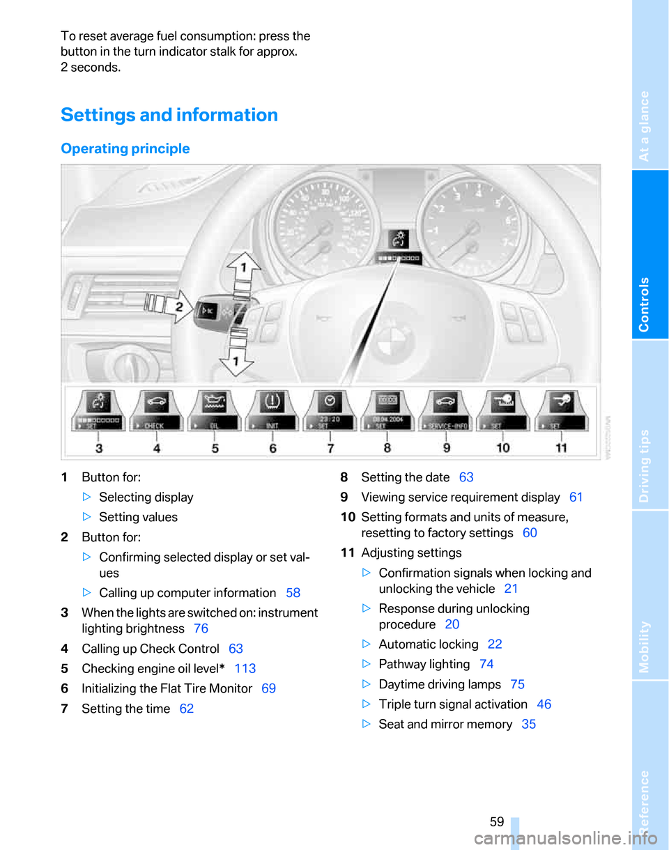 BMW 325XI TOURING 2006 E91 Repair Manual Reference
At a glance
Controls
Driving tips
Mobility
 59
To reset average fuel consumption: press the 
button in the turn indicator stalk for approx. 
2seconds.
Settings and information
Operating prin