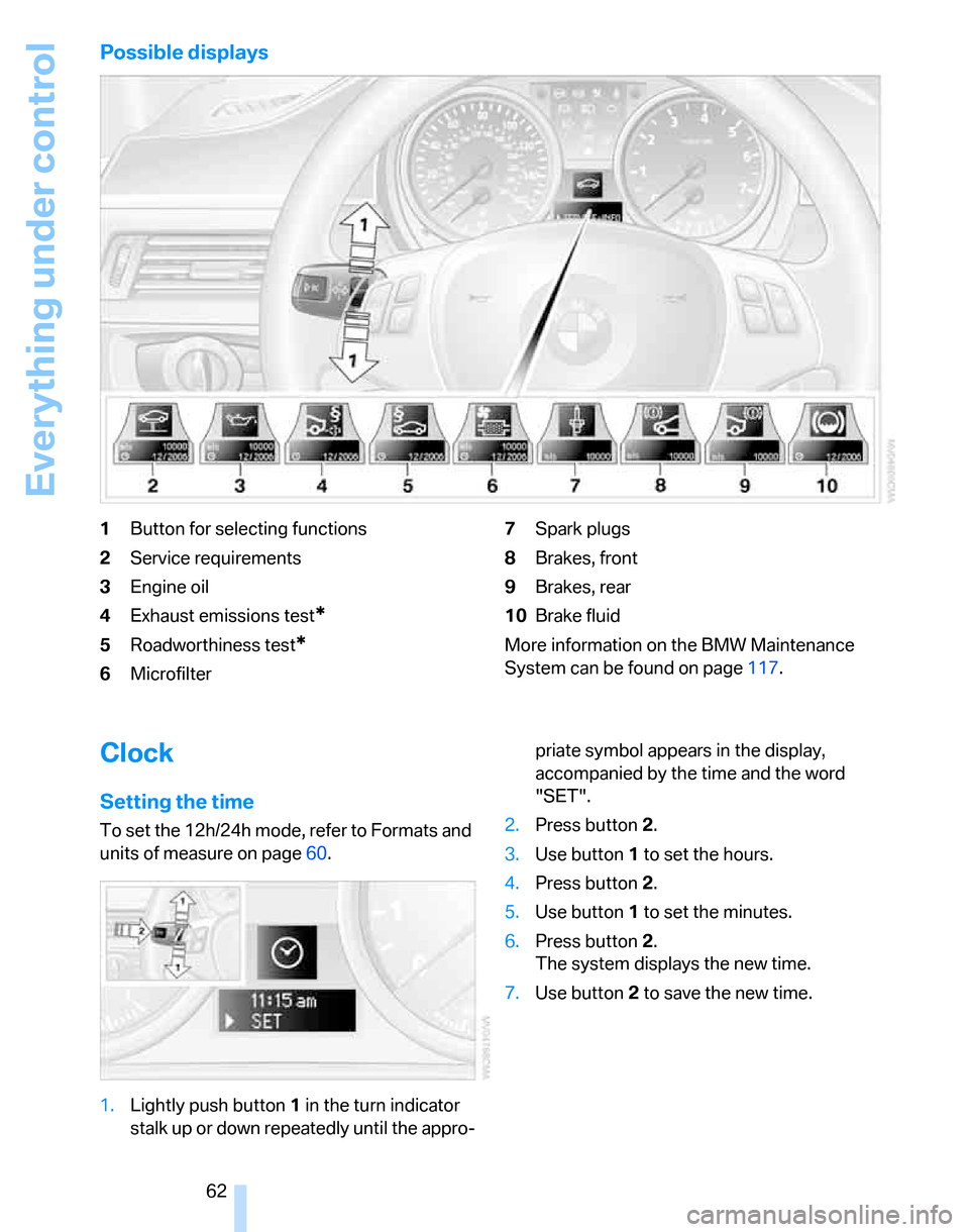 BMW 325XI TOURING 2006 E91 Owners Manual Everything under control
62
Possible displays
1Button for selecting functions
2Service requirements
3Engine oil
4Exhaust emissions test
*
5Roadworthiness test*
6Microfilter7Spark plugs
8Brakes, front

