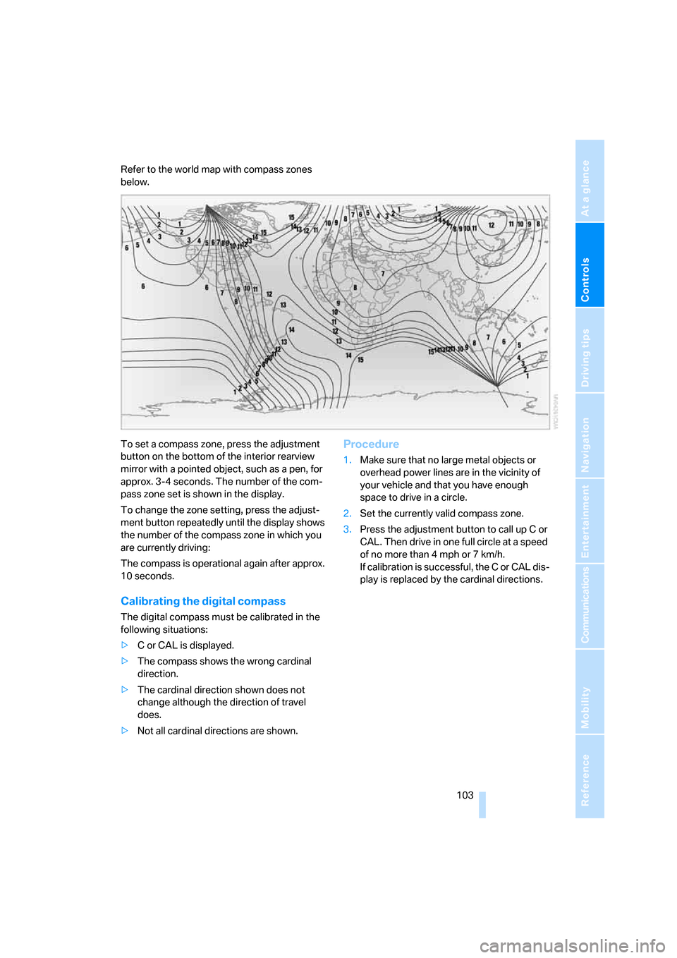 BMW 335I COUPE 2006 E92 Owners Manual Controls
 103Reference
At a glance
Driving tips
Communications
Navigation
Entertainment
Mobility
Refer to the world map with compass zones 
below.
To set a compass zone, press the adjustment 
button o