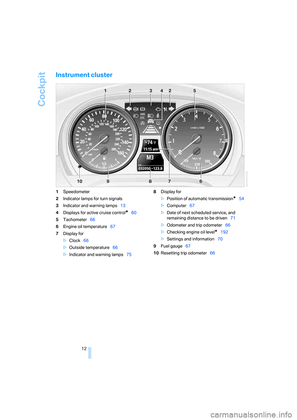 BMW 335I COUPE 2006 E92 Owners Manual Cockpit
12
Instrument cluster
1Speedometer
2Indicator lamps for turn signals
3Indicator and warning lamps13
4Displays for active cruise control
*60
5Tachometer66
6Engine oil temperature67
7Display for