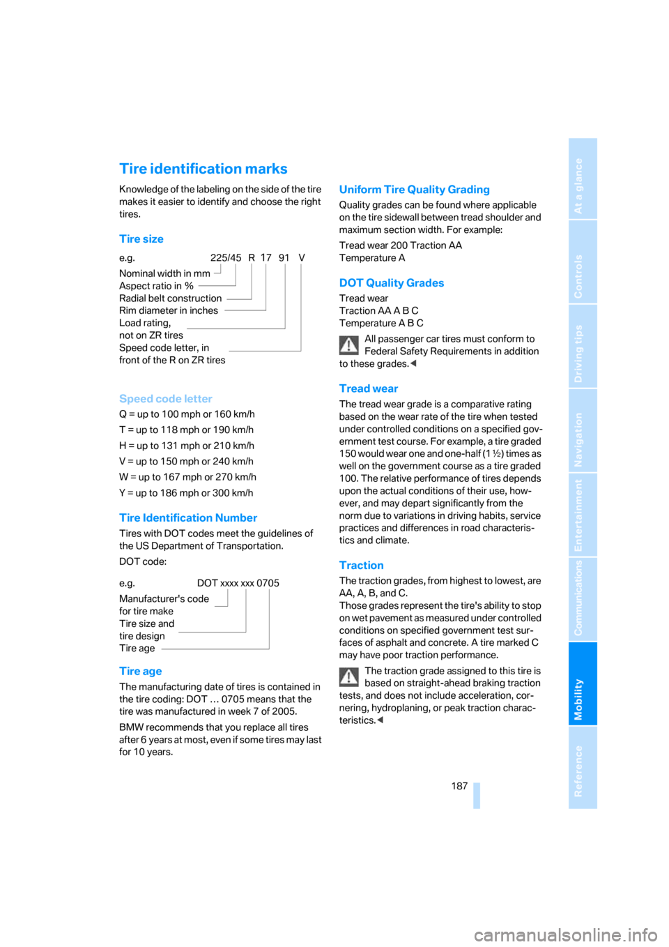BMW 335I COUPE 2006 E92 Owners Manual Mobility
 187Reference
At a glance
Controls
Driving tips
Communications
Navigation
Entertainment
Tire identification marks
Knowledge of the labeling on the side of the tire 
makes it easier to identif
