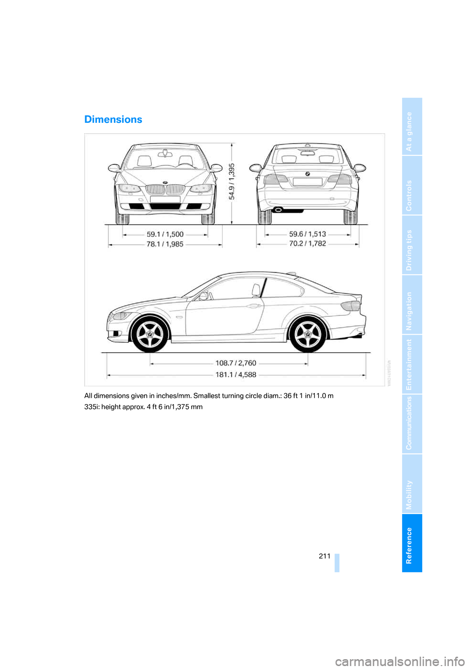 BMW 328I COUPE 2006 E92 Owners Manual Reference 211
At a glance
Controls
Driving tips
Communications
Navigation
Entertainment
Mobility
Dimensions
All dimensions given in inches/mm. Smallest turning circle diam.: 36 ft 1 in/11.0 m
335i: he BMW 328I COUPE 2006 E92 Owners Manual Reference 211
At a glance
Controls
Driving tips
Communications
Navigation
Entertainment
Mobility
Dimensions
All dimensions given in inches/mm. Smallest turning circle diam.: 36 ft 1 in/11.0 m
335i: he