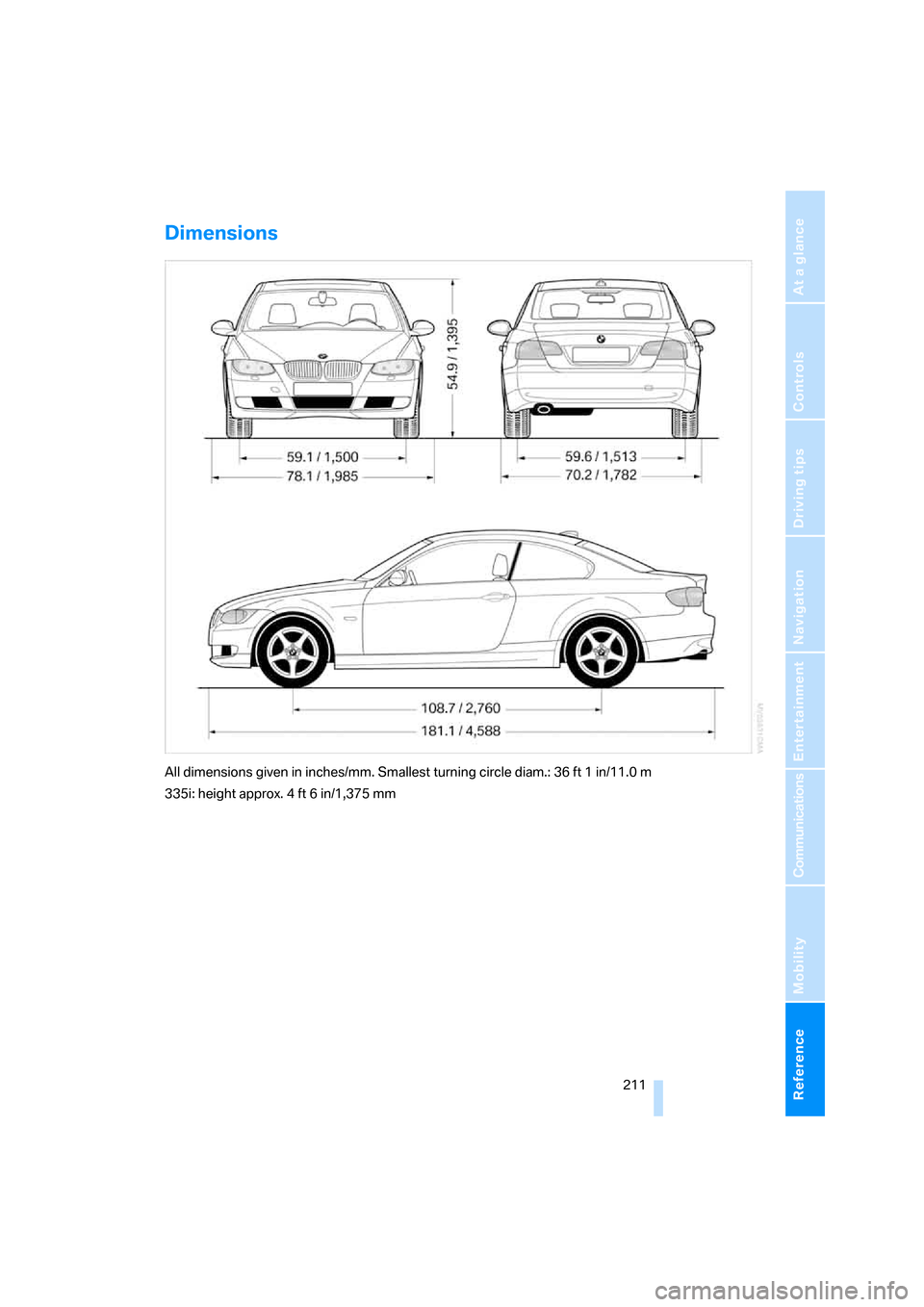 BMW 328I COUPE 2006 E92 Owners Manual Reference 211
At a glance
Controls
Driving tips
Communications
Navigation
Entertainment
Mobility
Dimensions
All dimensions given in inches/mm. Smallest turning circle diam.: 36 ft 1 in/11.0 m
335i: he