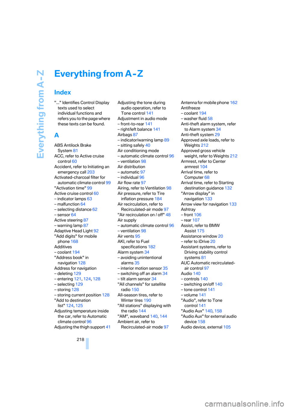 BMW 328I COUPE 2006 E92 Owners Manual Everything from A - Z
218
Everything from A - Z
Index
"..." Identifies Control Display 
texts used to select 
individual functions and 
refers you to the page where 
these texts can be found.
A
ABS An