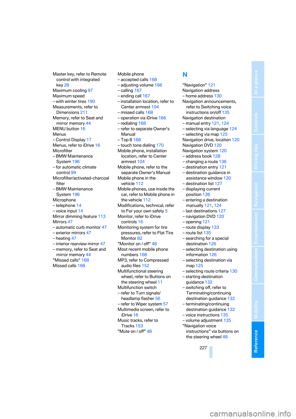 BMW 328I COUPE 2006 E92 Owners Manual Reference 227
At a glance
Controls
Driving tips
Communications
Navigation
Entertainment
Mobility
Master key, refer to Remote 
control with integrated 
key28
Maximum cooling97
Maximum speed
– with wi