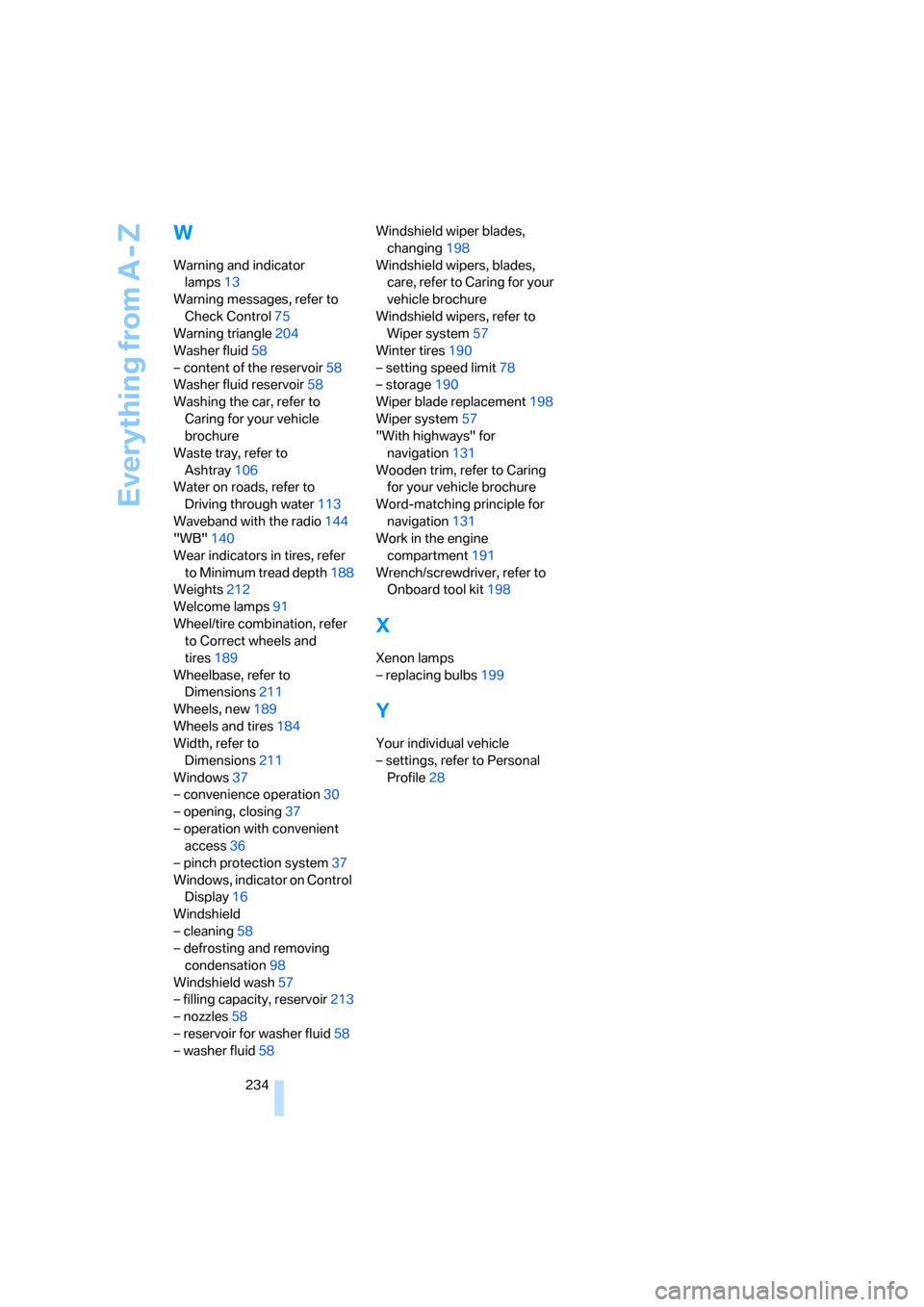 BMW 328I COUPE 2006 E92 Owners Manual Everything from A - Z
234
W
Warning and indicator 
lamps13
Warning messages, refer to 
Check Control75
Warning triangle204
Washer fluid58
– content of the reservoir58
Washer fluid reservoir58
Washin