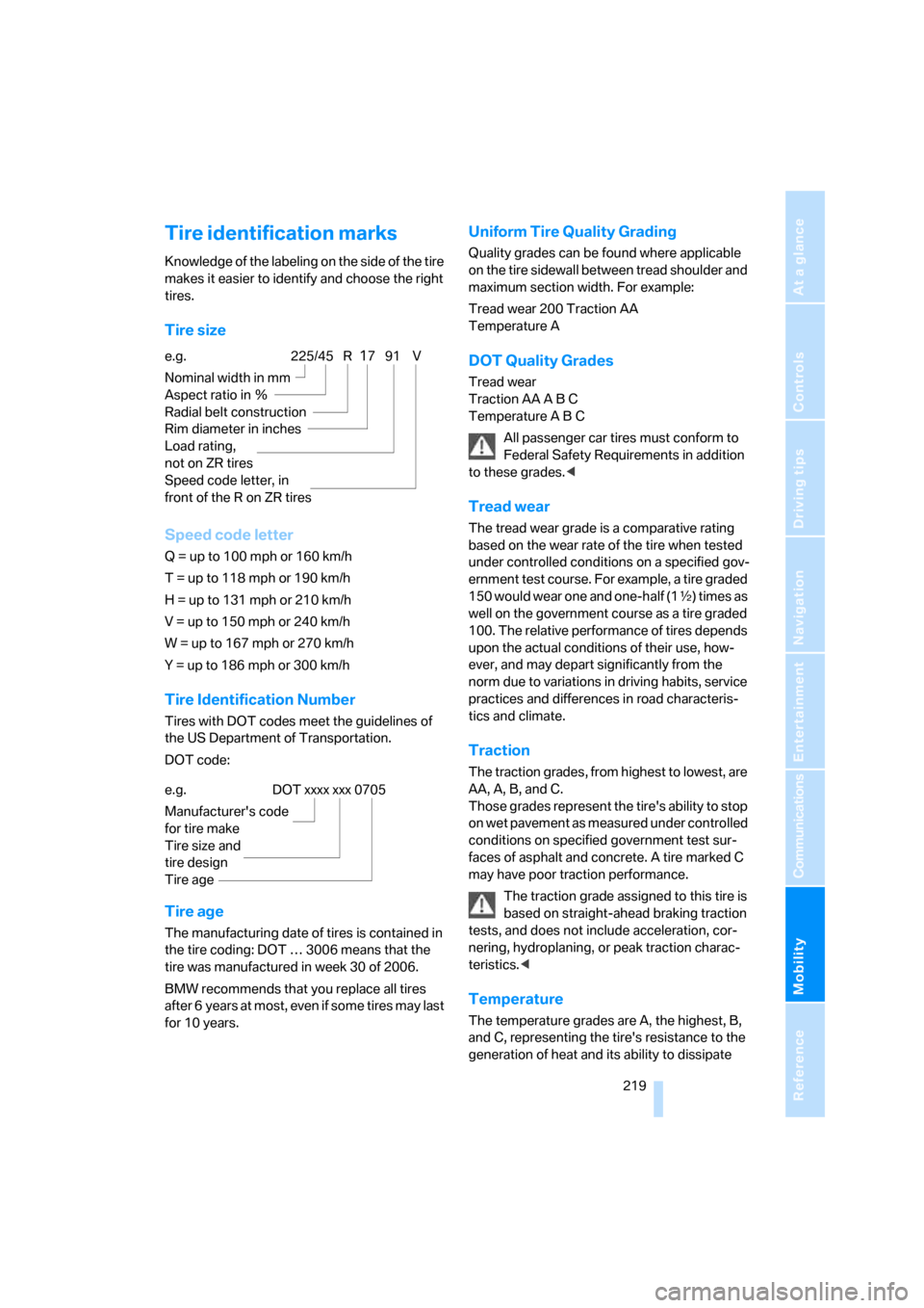 BMW 335I CONVERTIBLE 2007 E93 Owners Manual Mobility
 219Reference
At a glance
Controls
Driving tips
Communications
Navigation
Entertainment
Tire identification marks
Knowledge of the labeling on the side of the tire 
makes it easier to identif