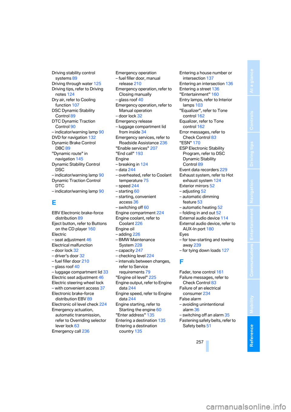 BMW 328I COUPE 2007 E92 Service Manual Reference 257
At a glance
Controls
Driving tips
Communications
Navigation
Entertainment
Mobility
Driving stability control 
systems89
Driving through water125
Driving tips, refer to Driving 
notes124
