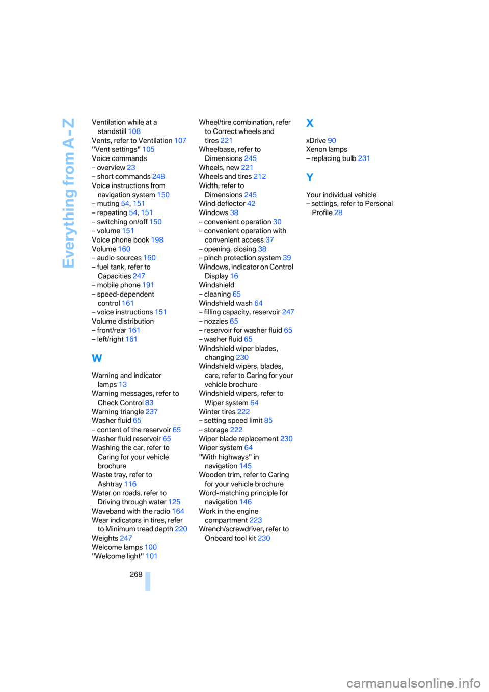 BMW 328I CONVERTIBLE 2007 E93 Owners Manual Everything from A - Z
268 Ventilation while at a 
standstill108
Vents, refer to Ventilation107
"Vent settings"105
Voice commands
– overview23
– short commands248
Voice instructions from 
navigatio