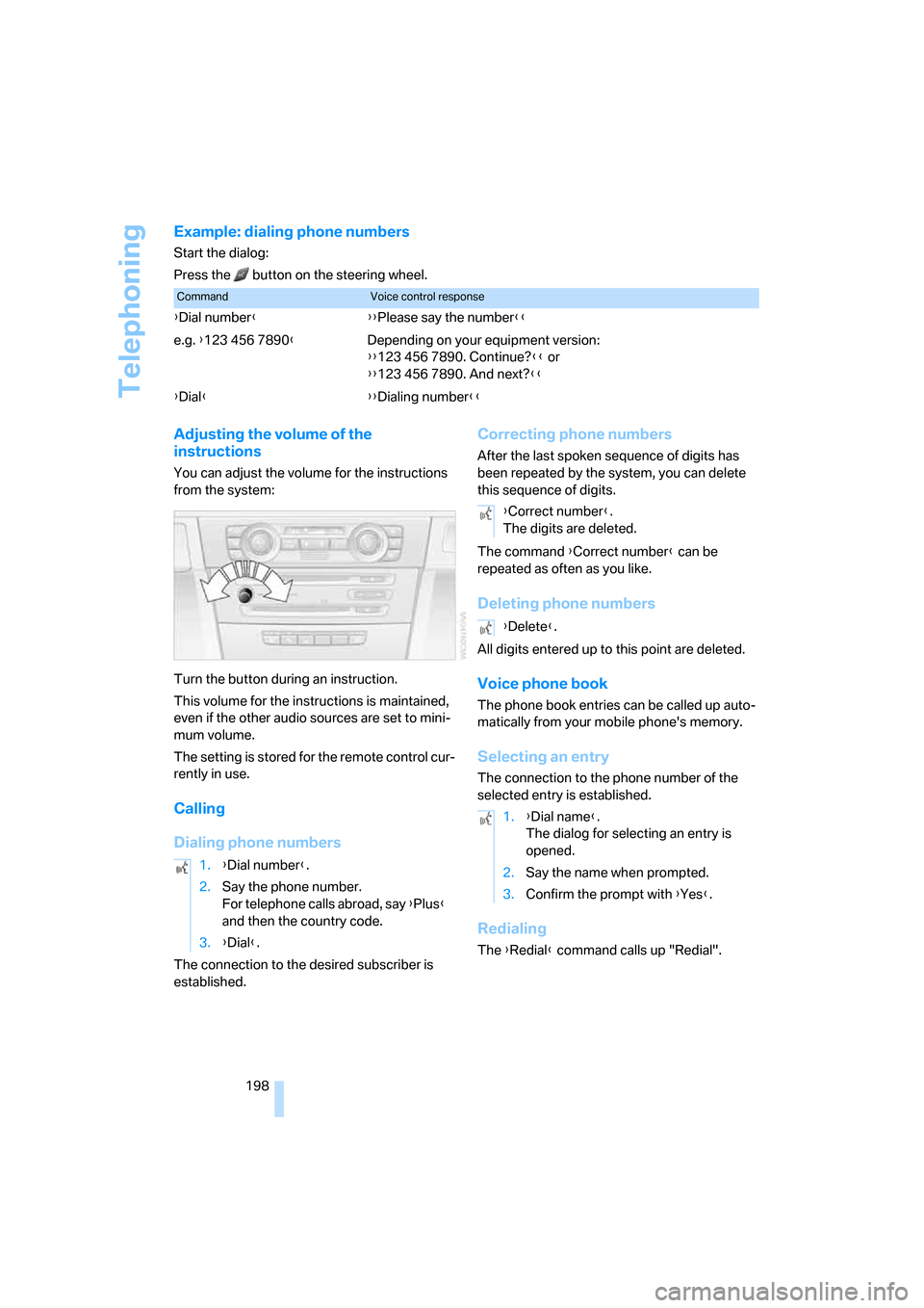 BMW 328XI CONVERTIBLE 2008 E93 Service Manual Telephoning
198
Example: dialing phone numbers
Start the dialog:
Press the   button on the steering wheel.
Adjusting the volume of the 
instructions
You can adjust the volume for the instructions 
fro