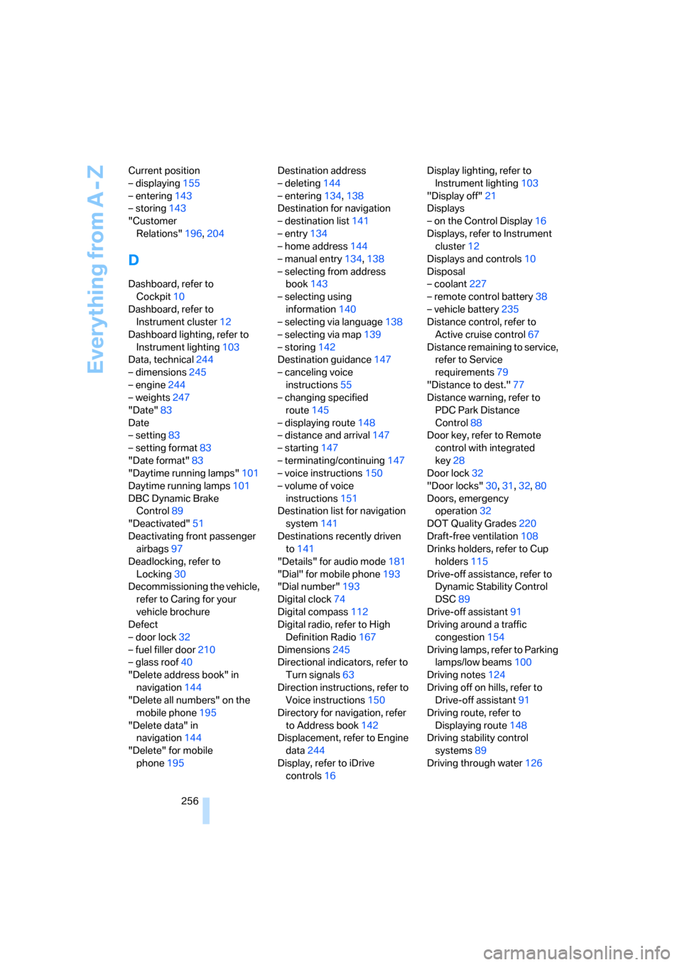 BMW 328XI CONVERTIBLE 2008 E93 Service Manual Everything from A - Z
256 Current position
– displaying155
– entering143
– storing143
"Customer 
Relations"196,204
D
Dashboard, refer to 
Cockpit10
Dashboard, refer to 
Instrument cluster12
Dash