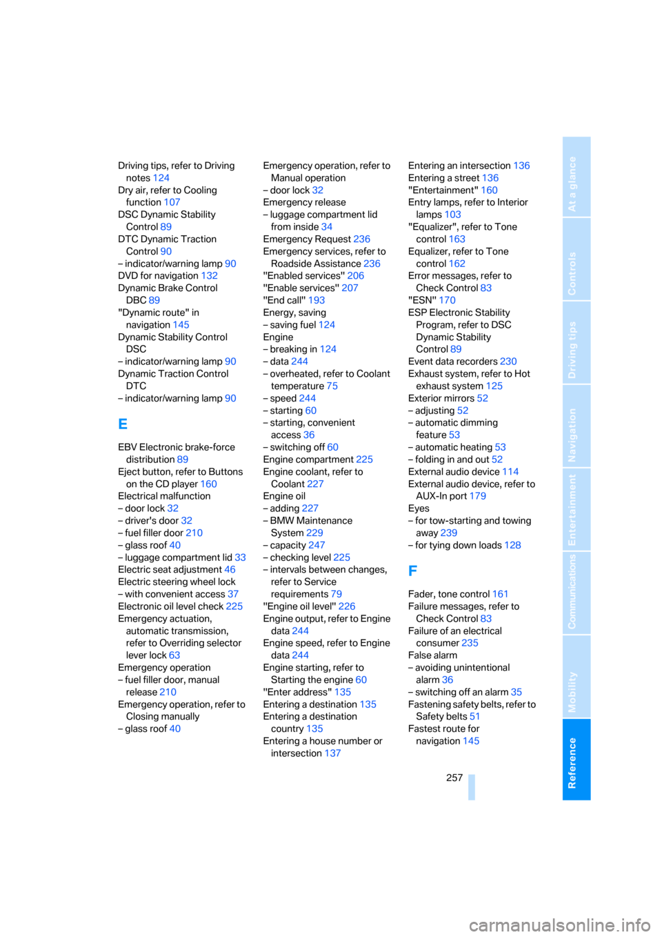 BMW 328XI COUPE 2008 E92 Owners Manual Reference 257
At a glance
Controls
Driving tips
Communications
Navigation
Entertainment
Mobility
Driving tips, refer to Driving 
notes124
Dry air, refer to Cooling 
function107
DSC Dynamic Stability 
