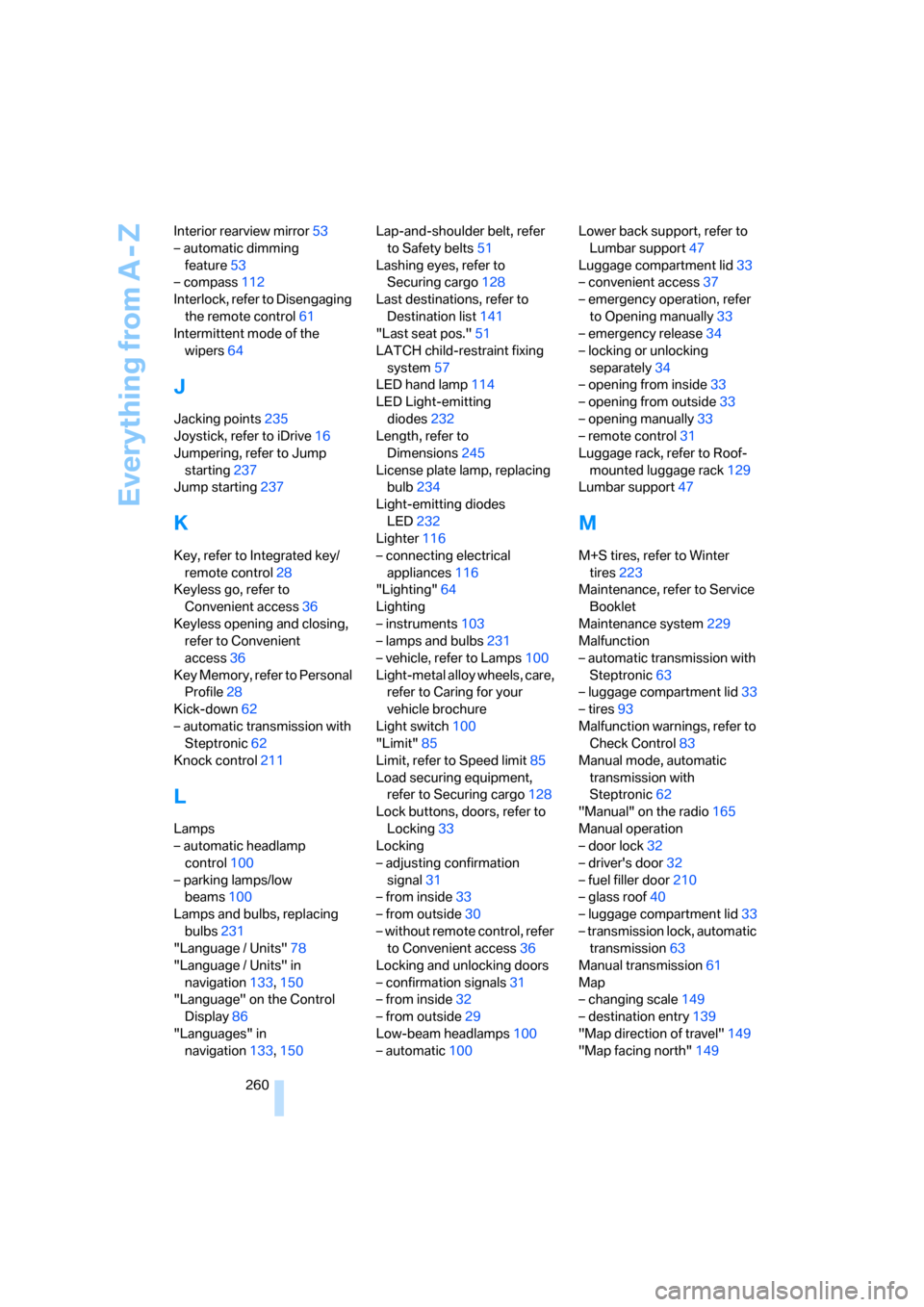 BMW 328XI COUPE 2008 E92 Service Manual Everything from A - Z
260 Interior rearview mirror53
– automatic dimming 
feature53
– compass112
Interlock, refer to Disengaging 
the remote control61
Intermittent mode of the 
wipers64
J
Jacking 