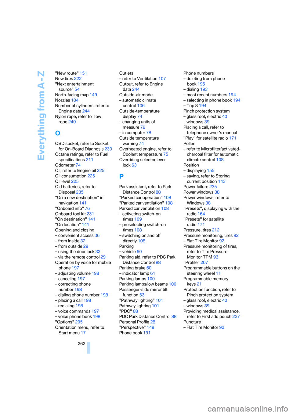 BMW 328XI COUPE 2008 E92 Service Manual Everything from A - Z
262 "New route"151
New tires222
"Next entertainment 
source"54
North-facing map149
Nozzles104
Number of cylinders, refer to 
Engine data244
Nylon rope, refer to Tow 
rope240
O
OB