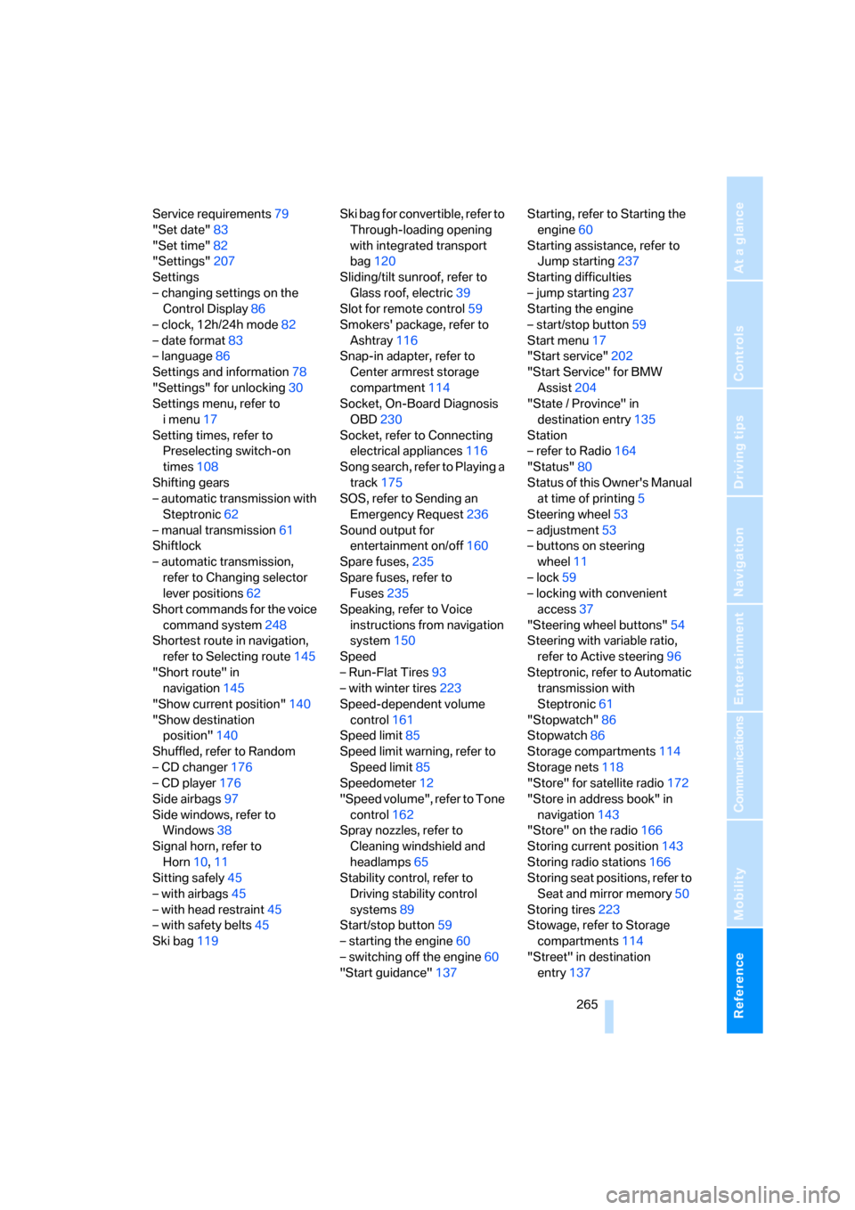 BMW 328I CONVERTIBLE 2008 E93 Owners Guide Reference 265
At a glance
Controls
Driving tips
Communications
Navigation
Entertainment
Mobility
Service requirements79
"Set date"83
"Set time"82
"Settings"207
Settings
– changing settings on the 
C