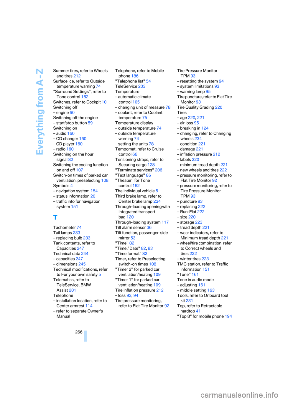 BMW 328I COUPE 2008 E92 Owners Manual Everything from A - Z
266 Summer tires, refer to Wheels 
and tires212
Surface ice, refer to Outside 
temperature warning74
"Surround Settings", refer to 
Tone control162
Switches, refer to Cockpit10
S
