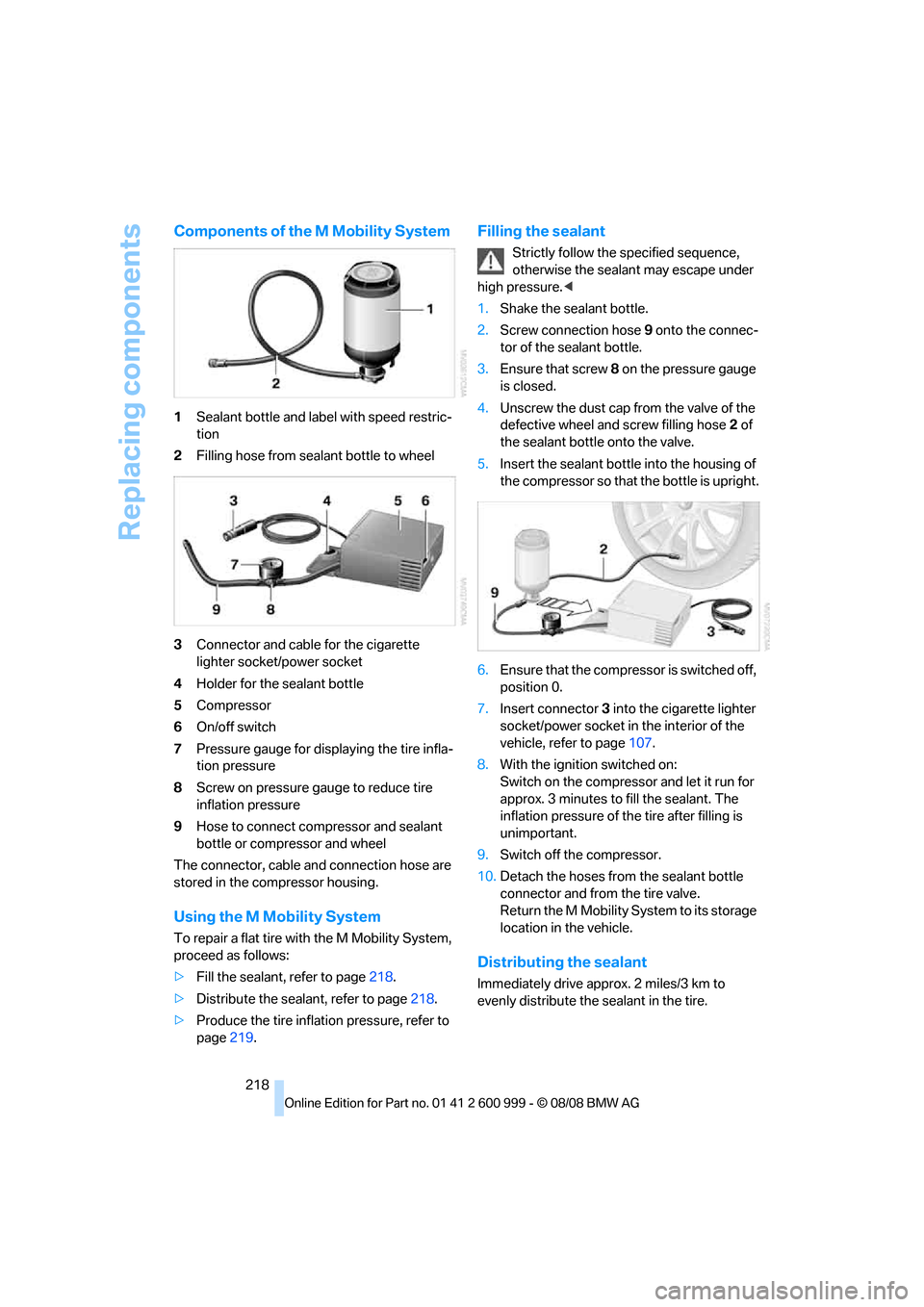 BMW M3 COUPE 2009 E92 Owners Manual Replacing components
218
Components of the M Mobility System
1Sealant bottle and label with speed restric-
tion
2Filling hose from sealant bottle to wheel
3Connector and cable for the cigarette 
light