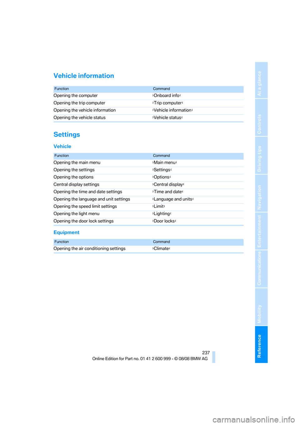 BMW M3 COUPE 2009 E92 Owners Manual Reference 237
At a glance
Controls
Driving tips
Communications
Navigation
Entertainment
Mobility
Vehicle information
Settings
Vehicle
Equipment
FunctionCommand
Opening the computer{Onboard info}
Openi