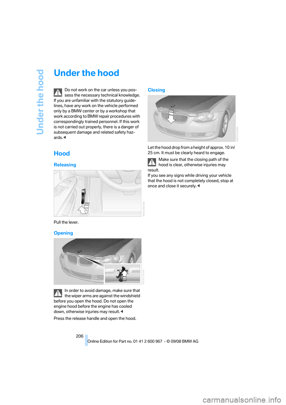 BMW 335I COUPE 2009 E92 Owners Manual Under the hood
206
Under the hood
Do not work on the car unless you pos-
sess the necessary technical knowledge. 
If you are unfamiliar with the statutory guide-
lines, have any work on the vehicle pe