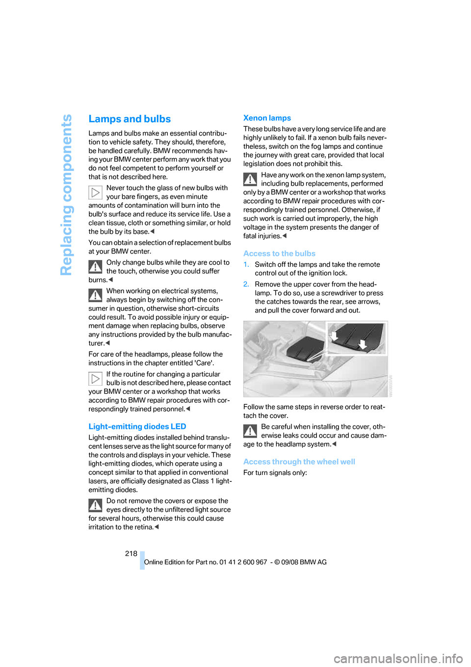 BMW 328I COUPE 2009 E92 Service Manual Replacing components
218
Lamps and bulbs
Lamps and bulbs make an essential contribu-
tion to vehicle safety. They should, therefore, 
be handled carefully. BMW recommends hav-
ing your BMW center perf