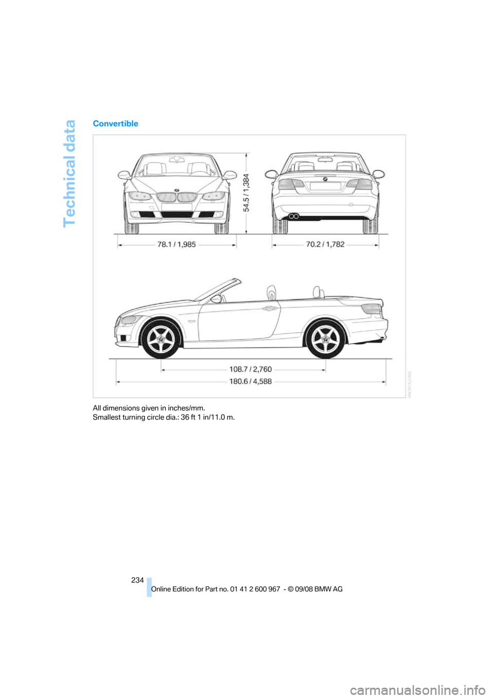 BMW 335I COUPE 2009 E92 Owners Manual Technical data
234
Convertible
All dimensions given in inches/mm. 
Smallest turning circle dia.: 36 ft 1 in/11.0 m. 