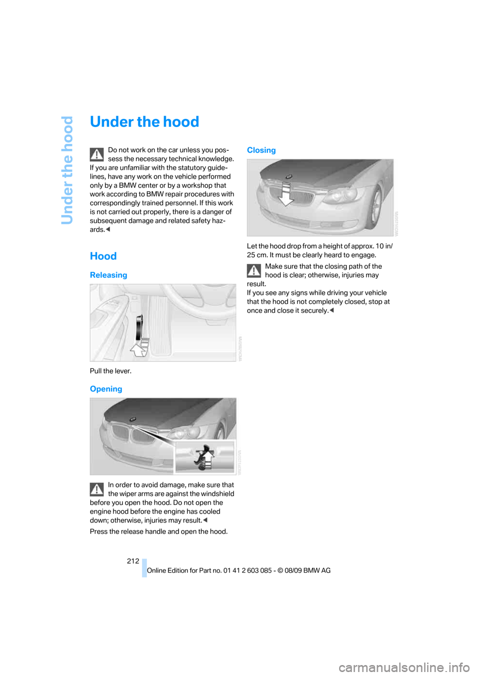 BMW 335I COUPE 2010 E93 Owners Manual Under the hood
212
Under the hood
Do not work on the car unless you pos-
sess the necessary technical knowledge.
If you are unfamiliar with the statutory guide-
lines, have any work on the vehicle pe BMW 335I COUPE 2010 E93 Owners Manual Under the hood
212
Under the hood
Do not work on the car unless you pos-
sess the necessary technical knowledge.
If you are unfamiliar with the statutory guide-
lines, have any work on the vehicle pe