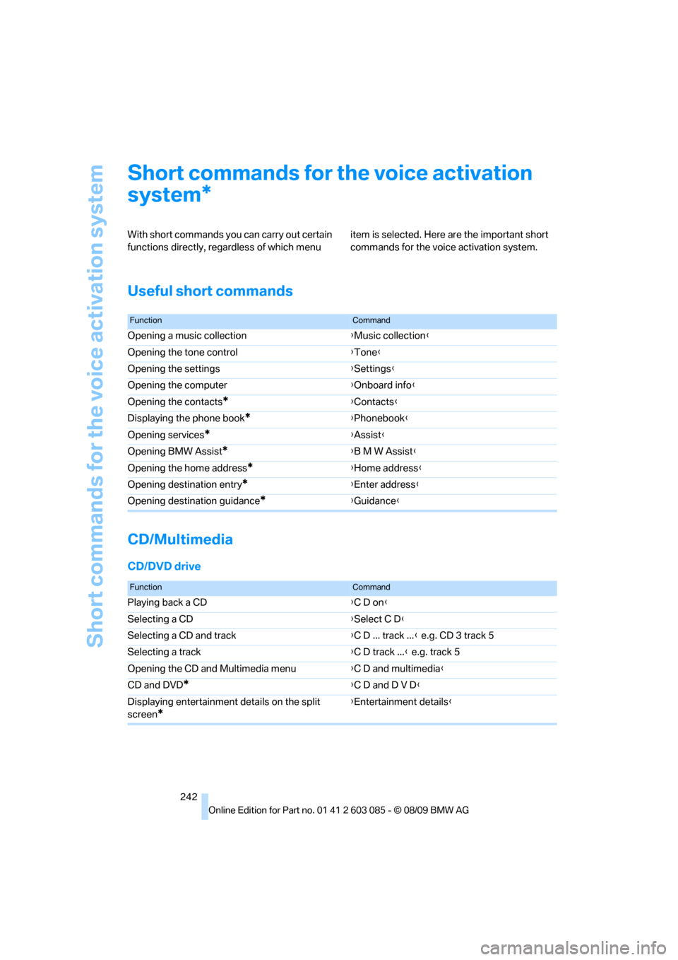 BMW 328I XDRIVE COUPE 2010 E92 Owners Manual Short commands for the voice activation system
242
Short commands for the voice activation 
system
With short commands you can carry out certain 
functions directly, regardless of which menu item is s