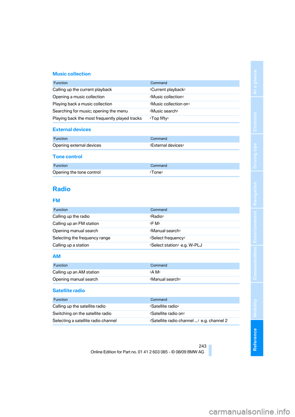 BMW 328I COUPE 2010 E92 Owners Guide Reference 243
At a glance
Controls
Driving tips
Communications
Navigation
Entertainment
Mobility
Music collection
External devices
Tone control
Radio
FM
AM
Satellite radio
FunctionCommand
Calling up t