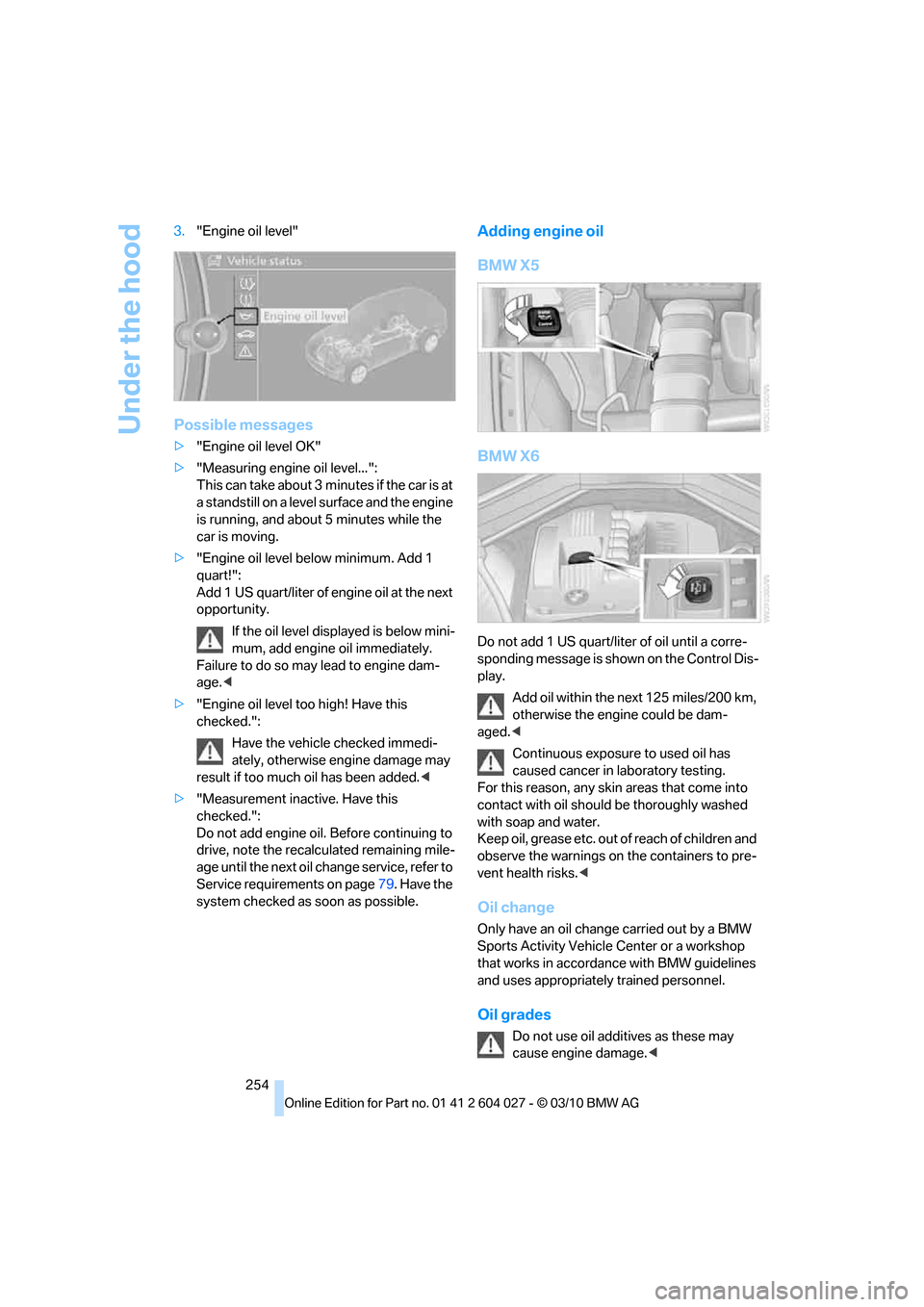 BMW X5M 2011 E70 Owners Manual Under the hood
254 3."Engine oil level"
Possible messages
>"Engine oil level OK"
>"Measuring engine oil level...":
This can take about 3 minutes if the car is at
a standstill on a level surface and BMW X5M 2011 E70 Owners Manual Under the hood
254 3."Engine oil level"
Possible messages
>"Engine oil level OK"
>"Measuring engine oil level...":
This can take about 3 minutes if the car is at
a standstill on a level surface and
