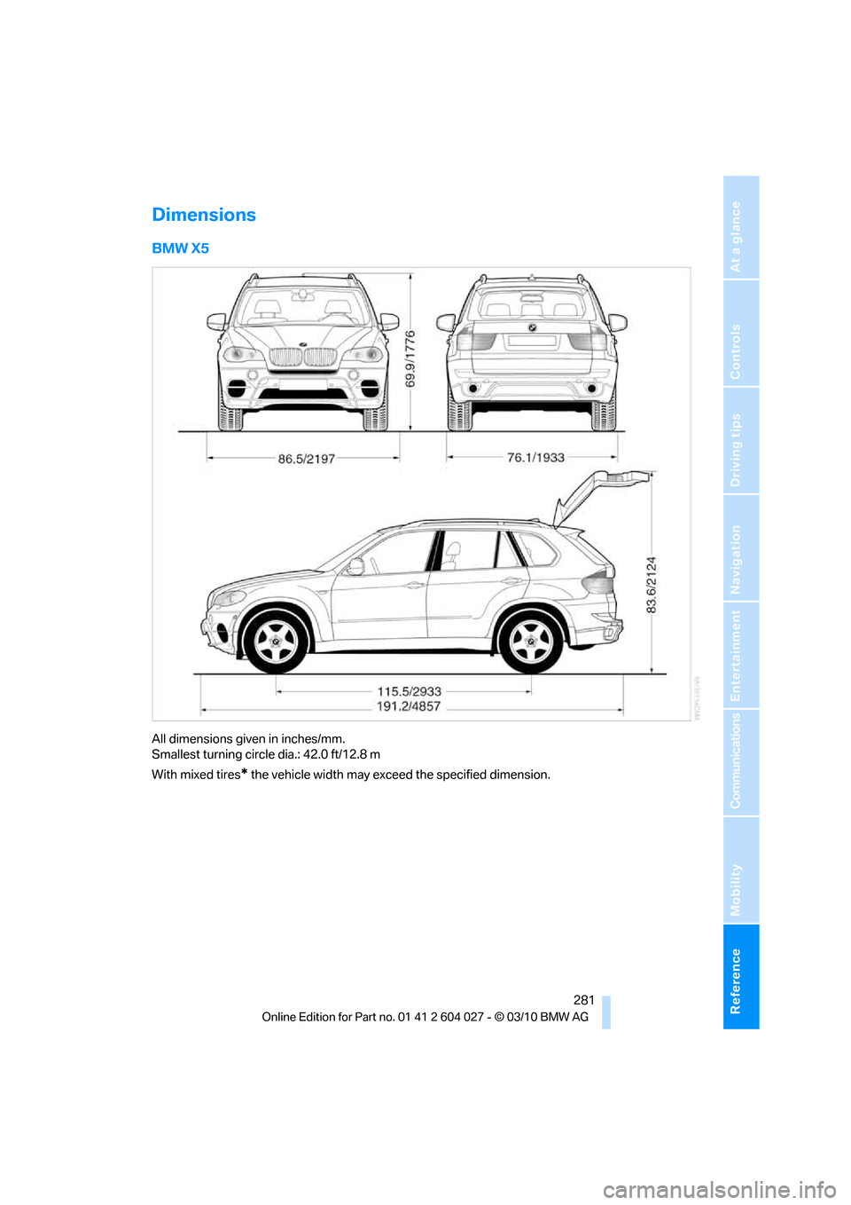 BMW X6M 2011 E71 Owners Manual Reference 281
At a glance
Controls
Driving tips
Communications
Navigation
Entertainment
Mobility
Dimensions
BMW X5
All dimensions given in inches/mm. 
Smallest turning circle dia.: 42.0 ft/12.8 m
With